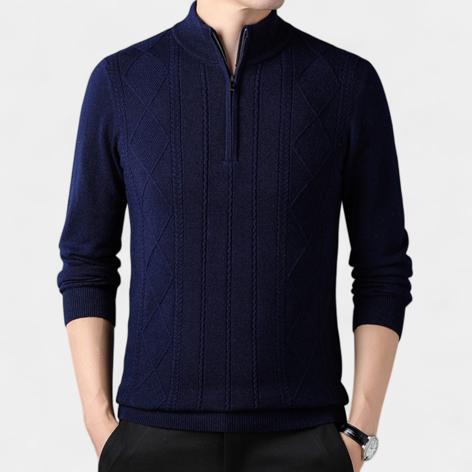 Riche | Pull homme col zippé un quart en maille laine – raffiné, chaud, coupe quotidienne
