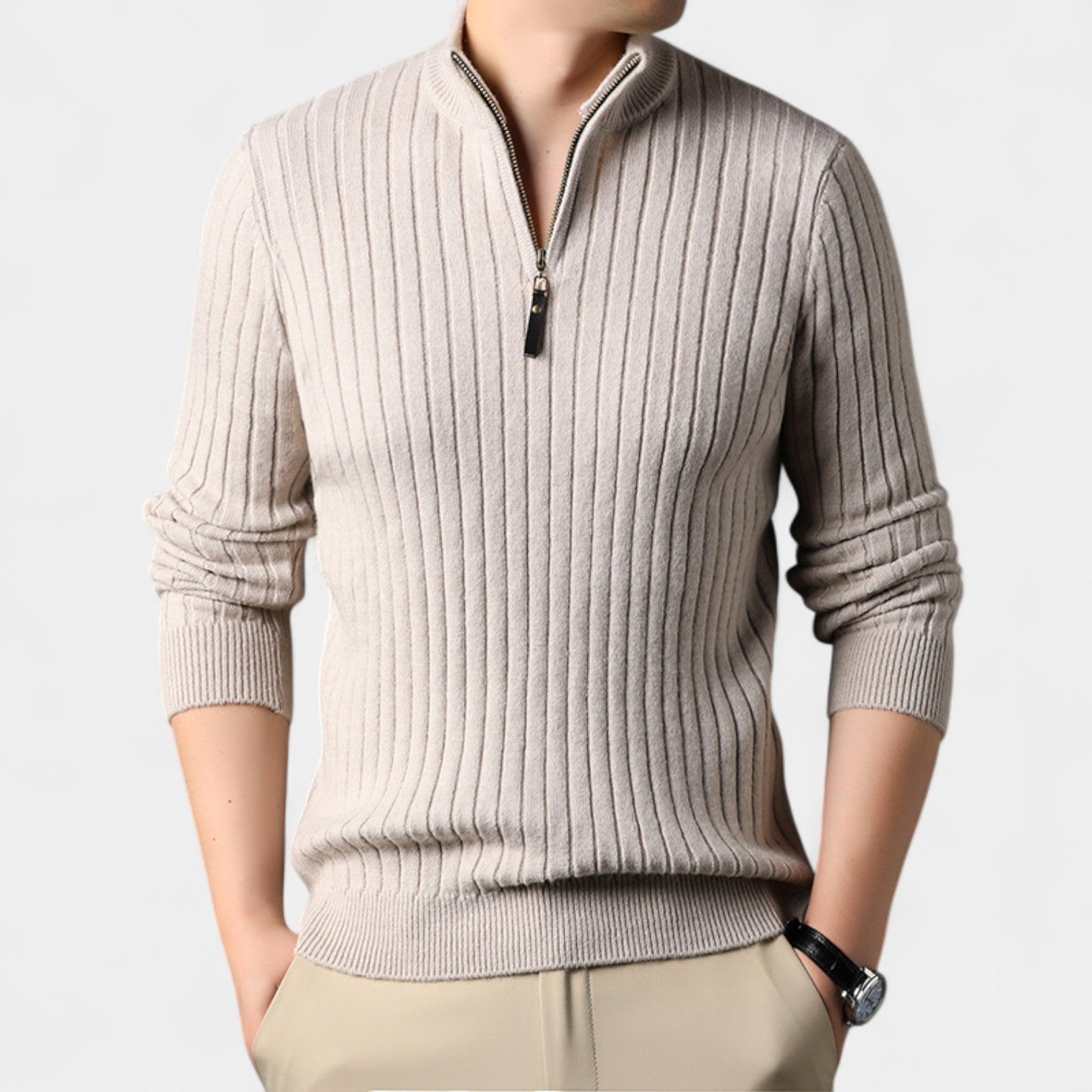 Riche | Pull homme quart zip en maille rayée – raffiné, ajusté, silhouette quotidienne