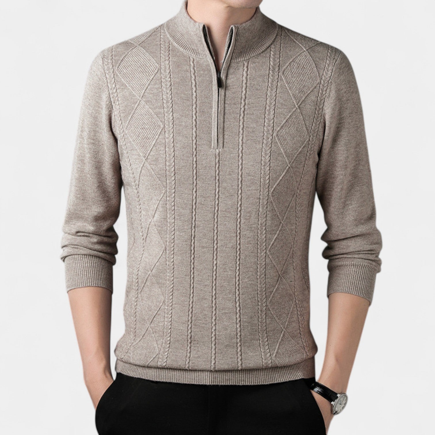 Riche | Pull homme col zippé un quart en maille laine – raffiné, chaud, coupe quotidienne