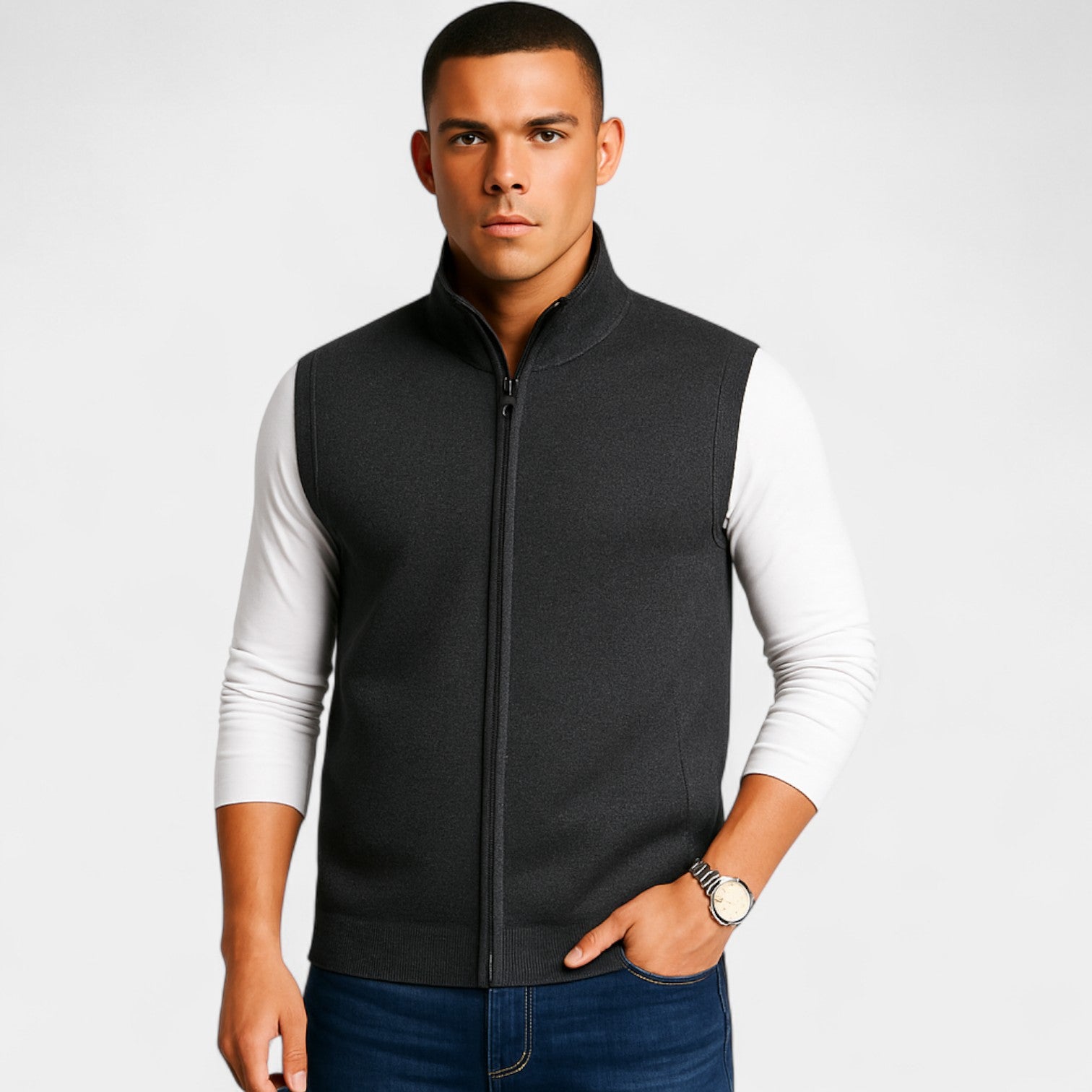 Riche | Gilet sans manches homme maille coton – Épais chaud fermeture zippée
