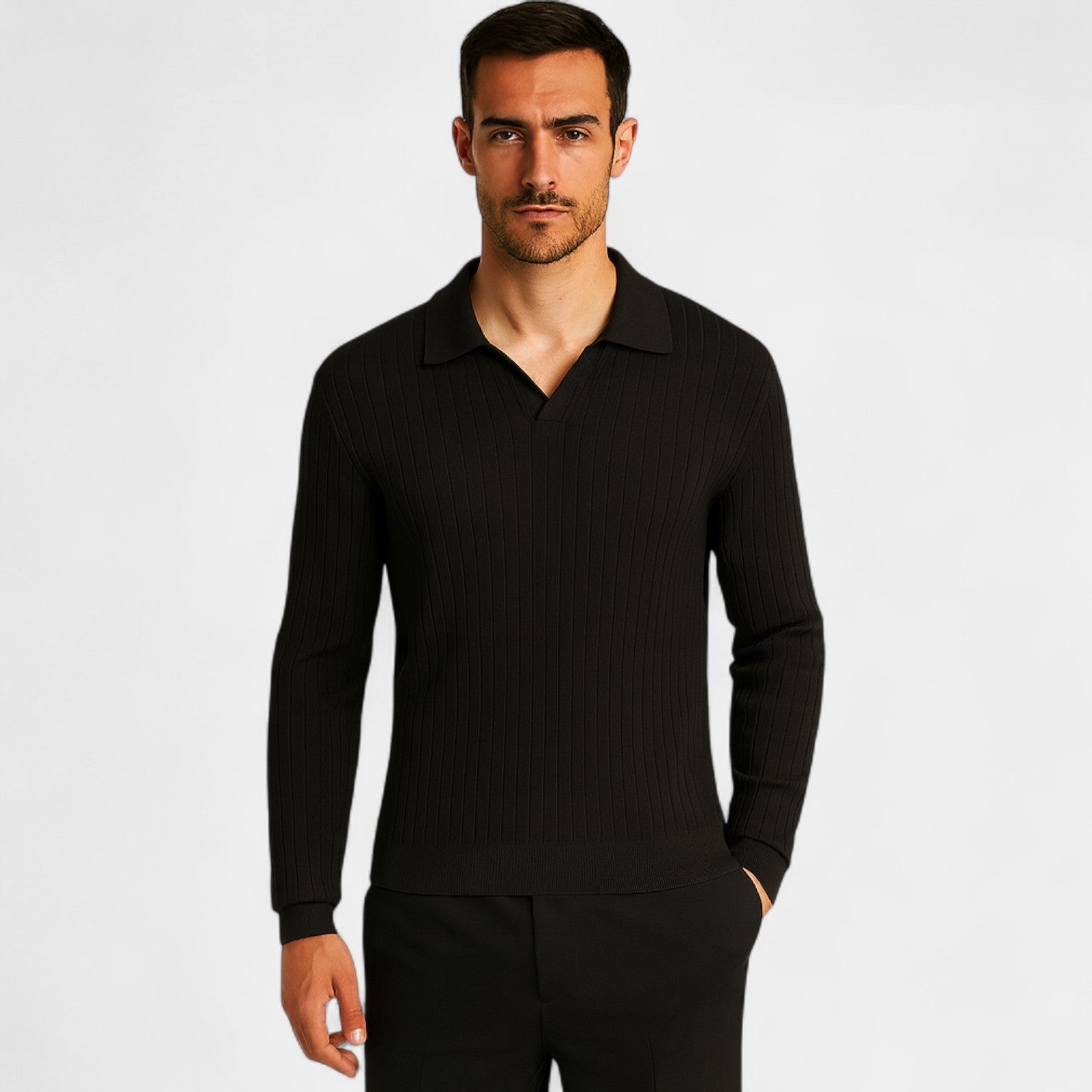 Riche | Polo homme manches longues col V – élégance maille verticale