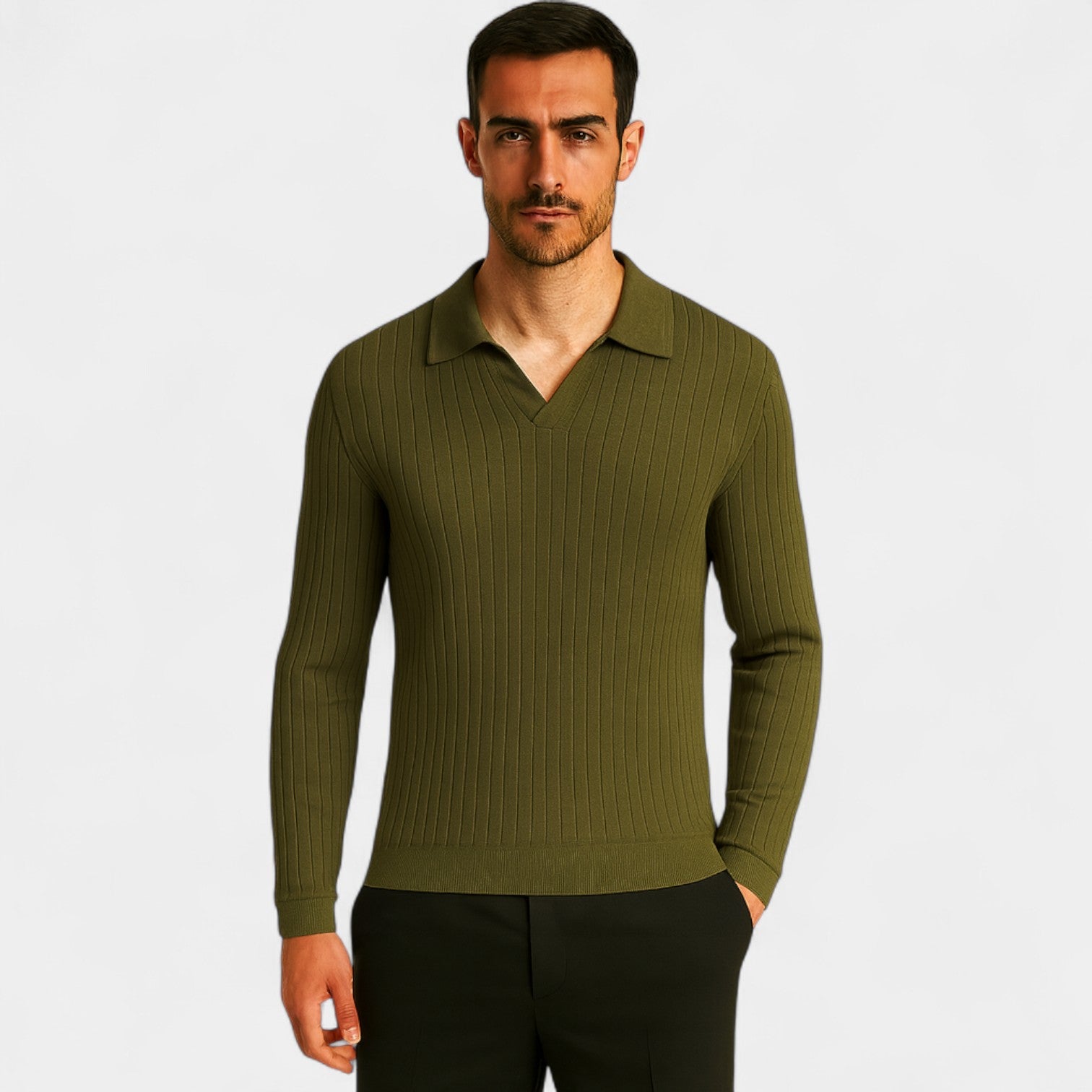 Riche | Polo homme manches longues col V – élégance maille verticale