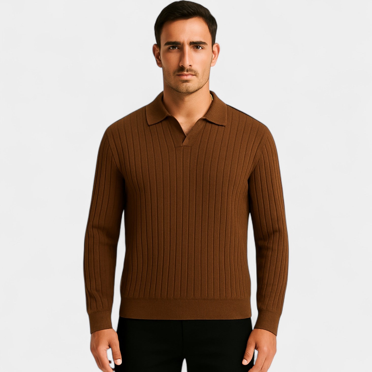 Riche | Polo homme manches longues col V – élégance maille verticale