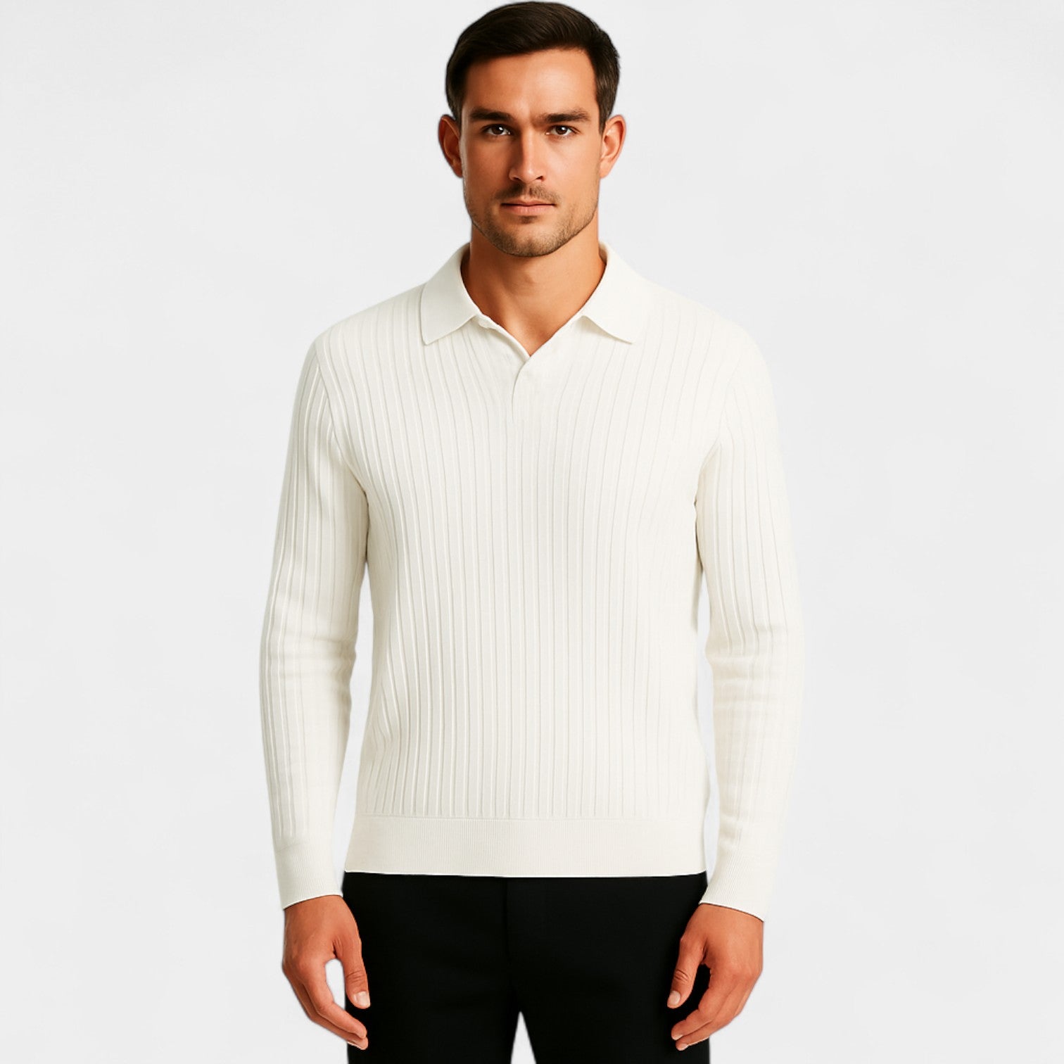 Riche | Polo homme manches longues col V – élégance maille verticale