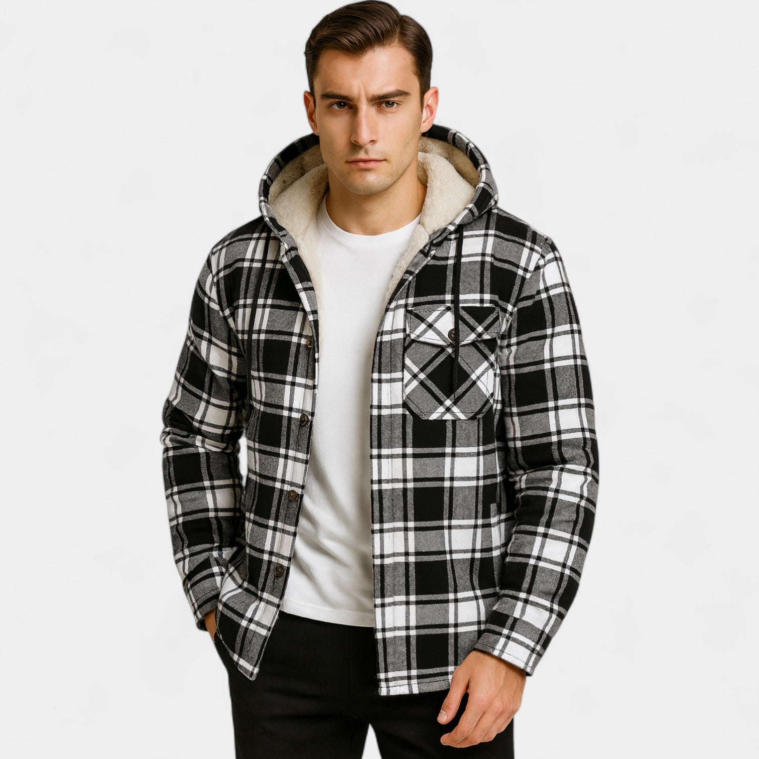 Riche | Manteau bûcheron homme doublé polaire – plaid à capuche classique moderne