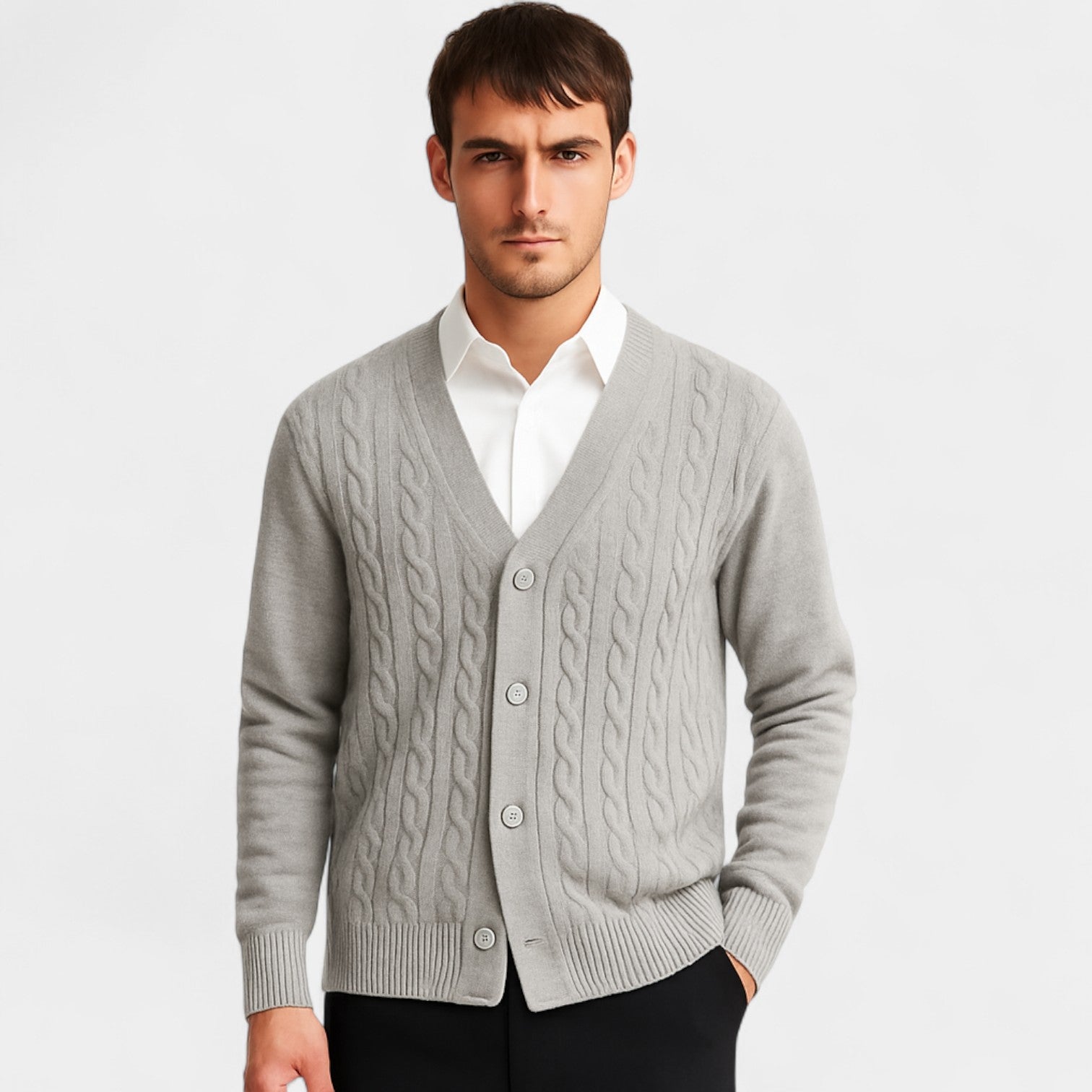 Riche | Cardigan homme coton tricot boutonné – Style coréen, motif torsadé