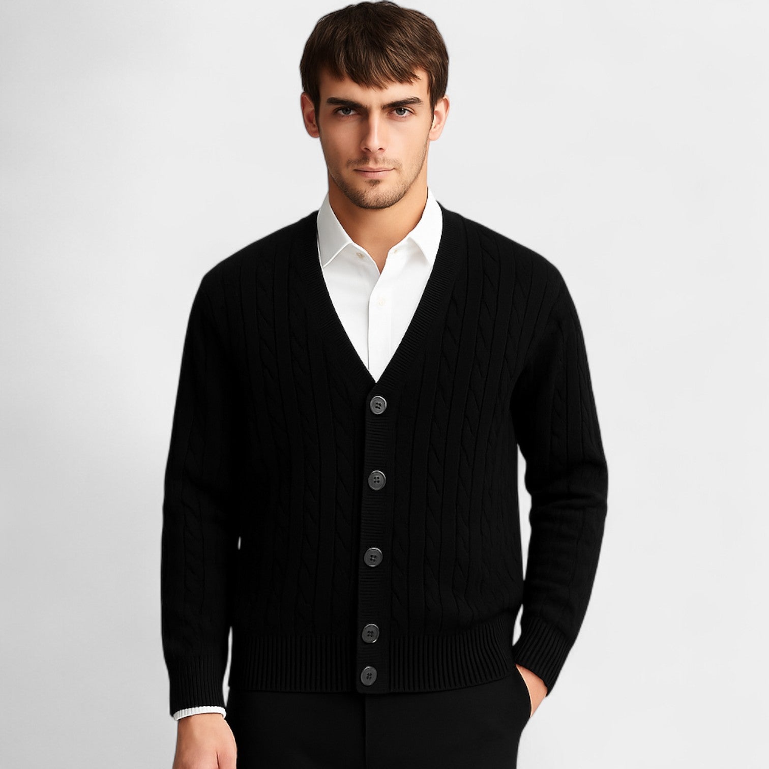 Riche | Cardigan homme coton tricot boutonné – Style coréen, motif torsadé