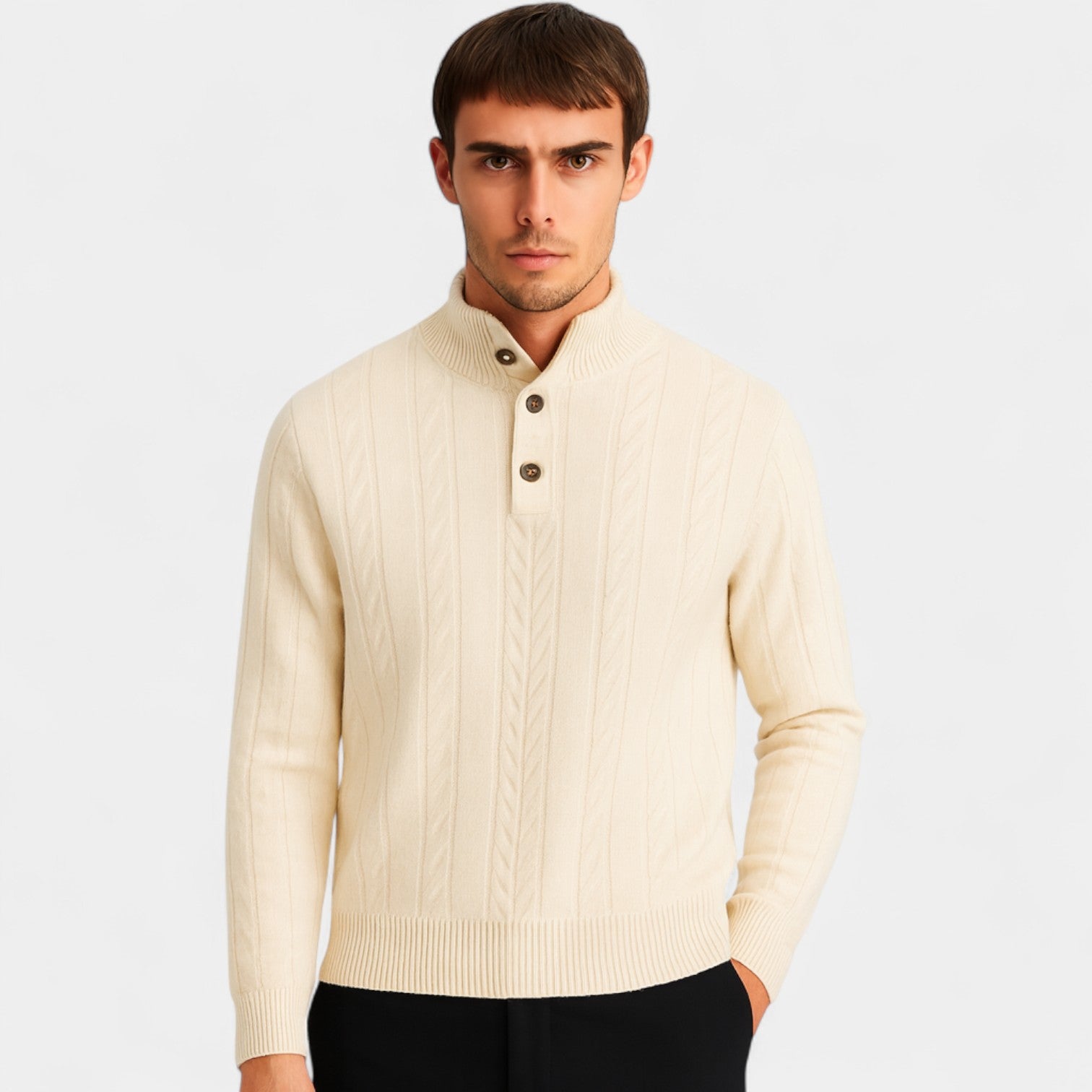 Riche | Pull homme maille torsadée - Boutons quart coupe raffinée