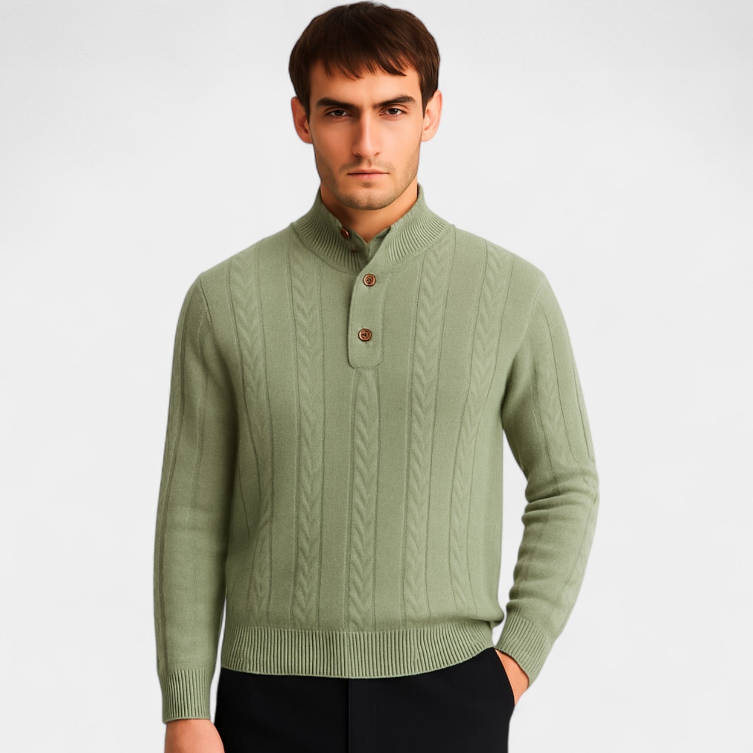 Riche | Pull homme maille torsadée - Boutons quart coupe raffinée