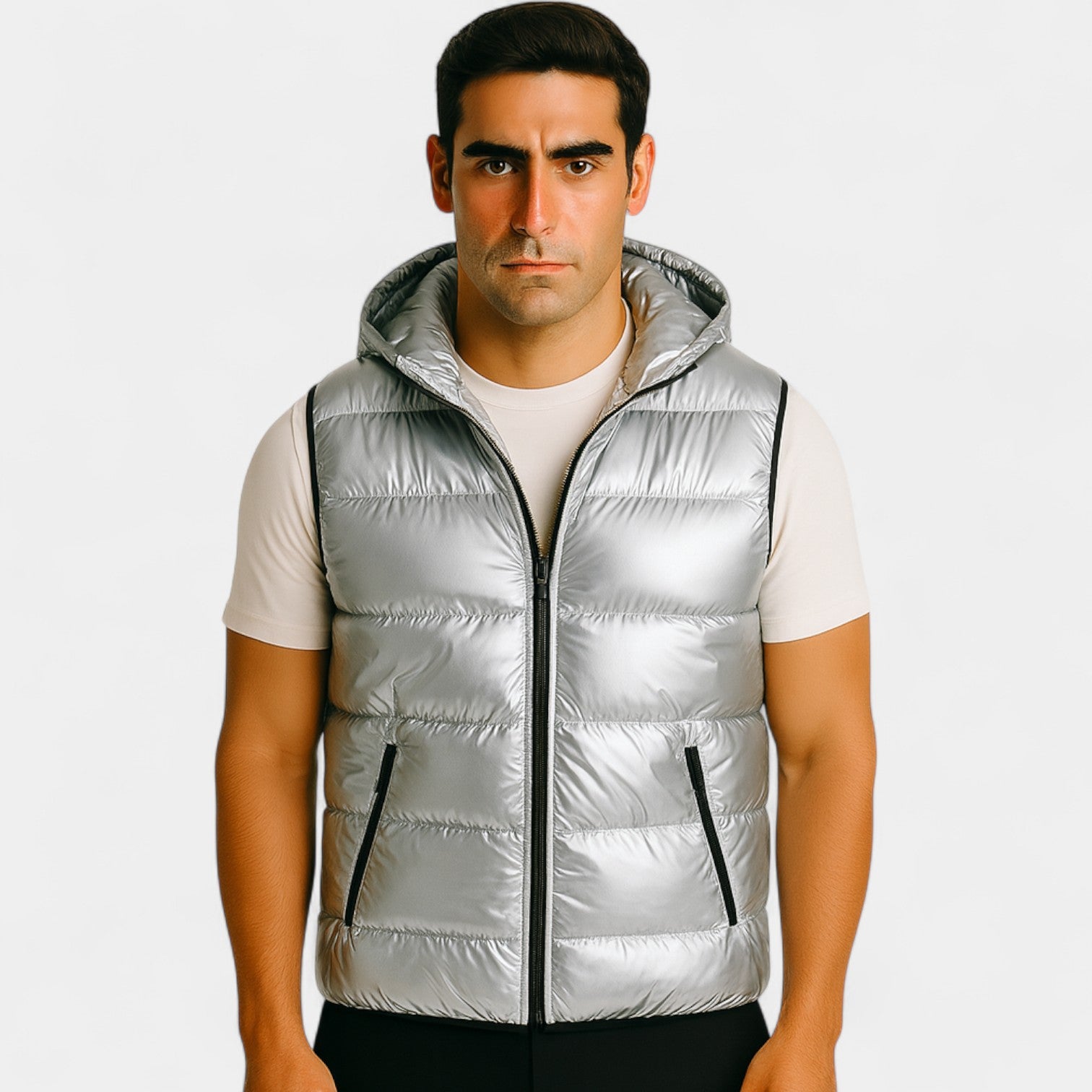Riche | Gilet sans manches capuche homme coton brillant – doudoune élégante