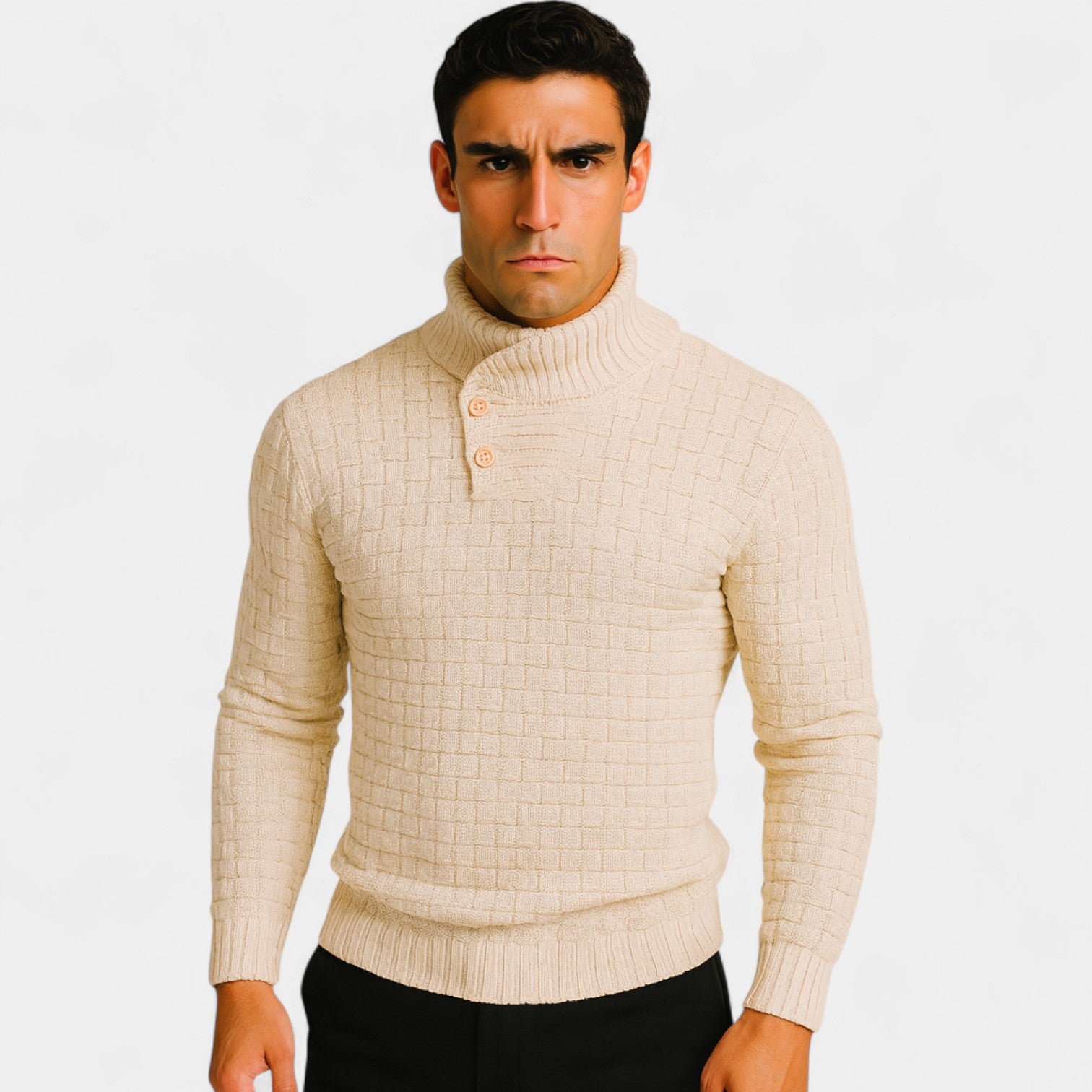 Riche | Col roulé homme coton - Coupe slim détail bouton