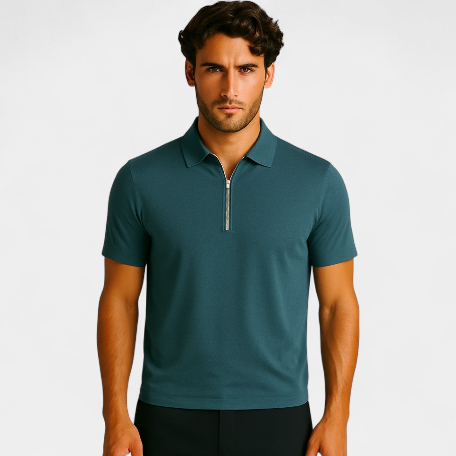 Riche | Polo homme soie glacée sans couture – Quart de zip coupe luxe