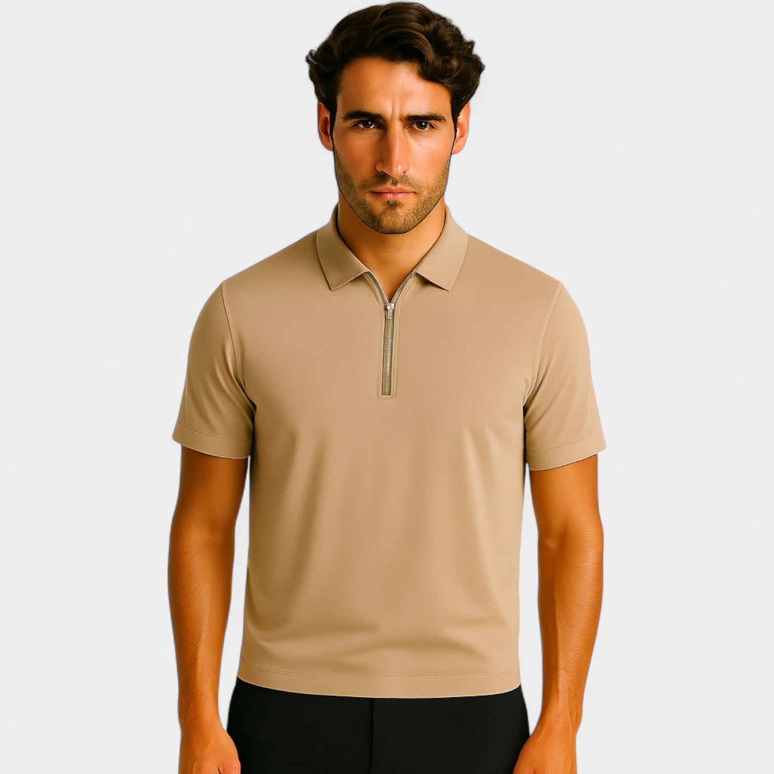 Riche | Polo homme soie glacée sans couture – Quart de zip coupe luxe
