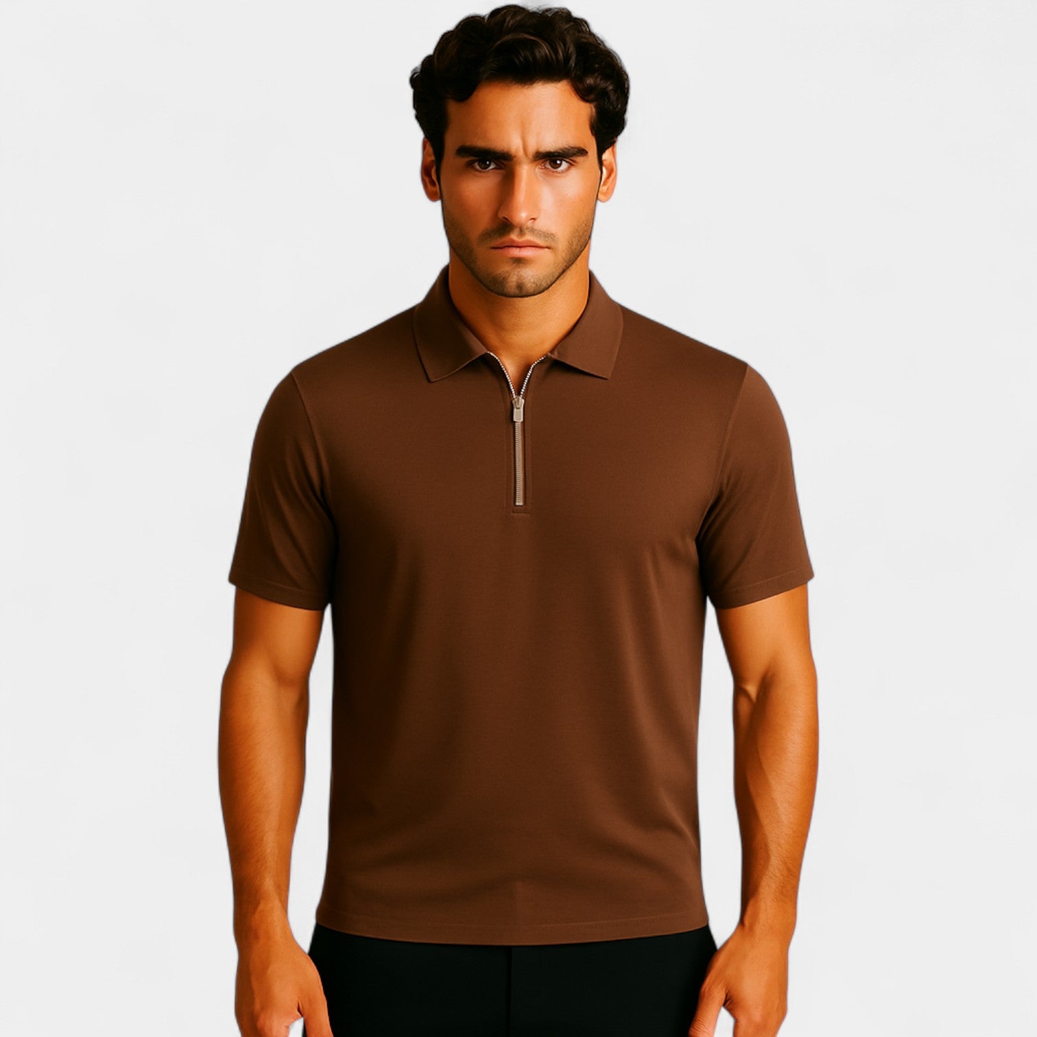 Riche | Polo homme soie glacée sans couture – Quart de zip coupe luxe