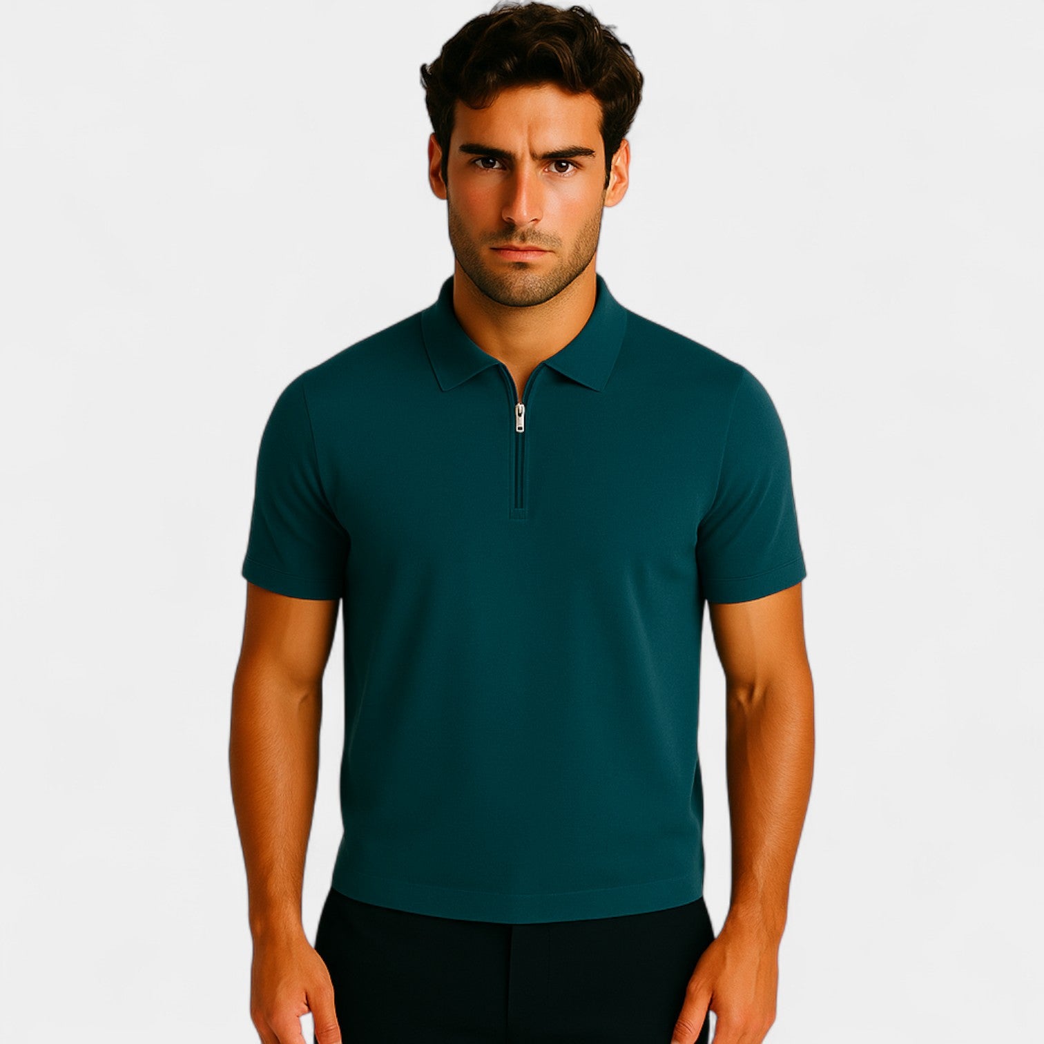 Riche | Polo homme soie glacée sans couture – Quart de zip coupe luxe