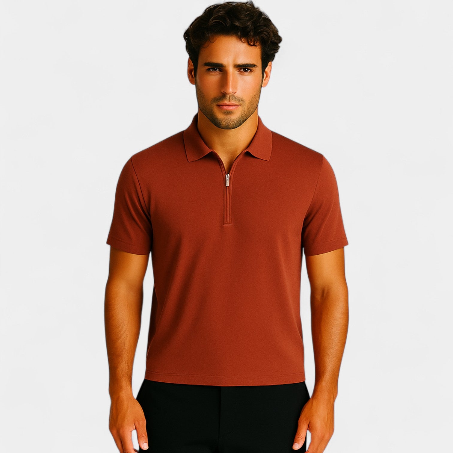 Riche | Polo homme soie glacée sans couture – Quart de zip coupe luxe
