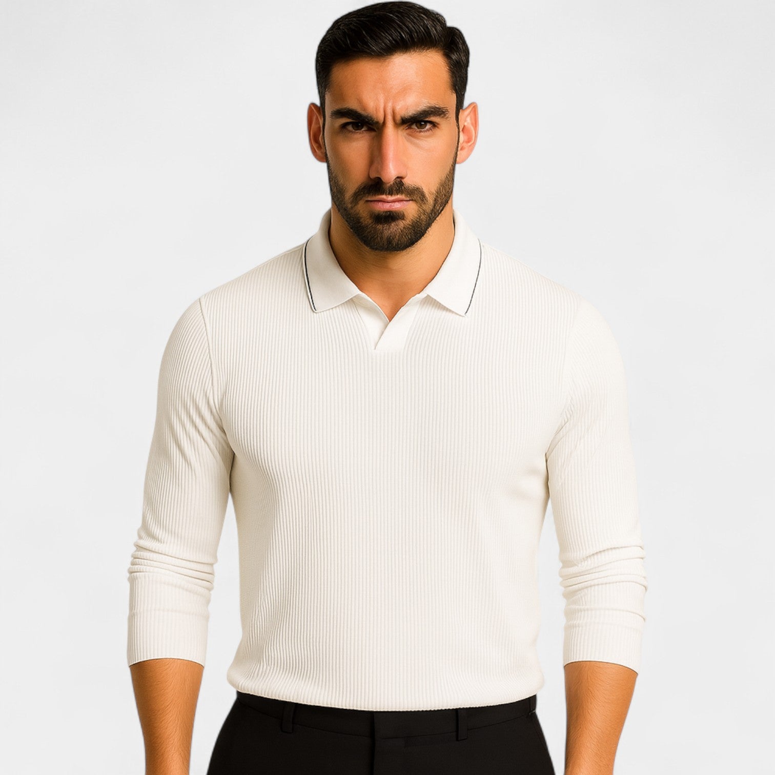 Riche | Polo homme mélange technique manches longues – élégance rayée minimaliste