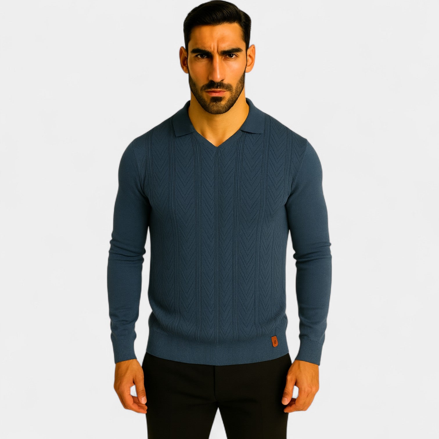 Riche | Polo homme jacquard maille col V – torsades classiques