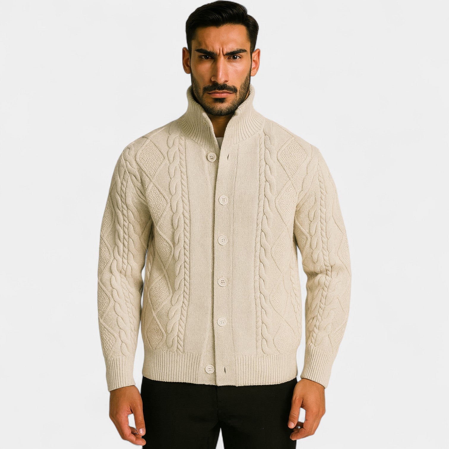 Riche | Cardigan rétro homme en maille – carreaux prismatiques à revers