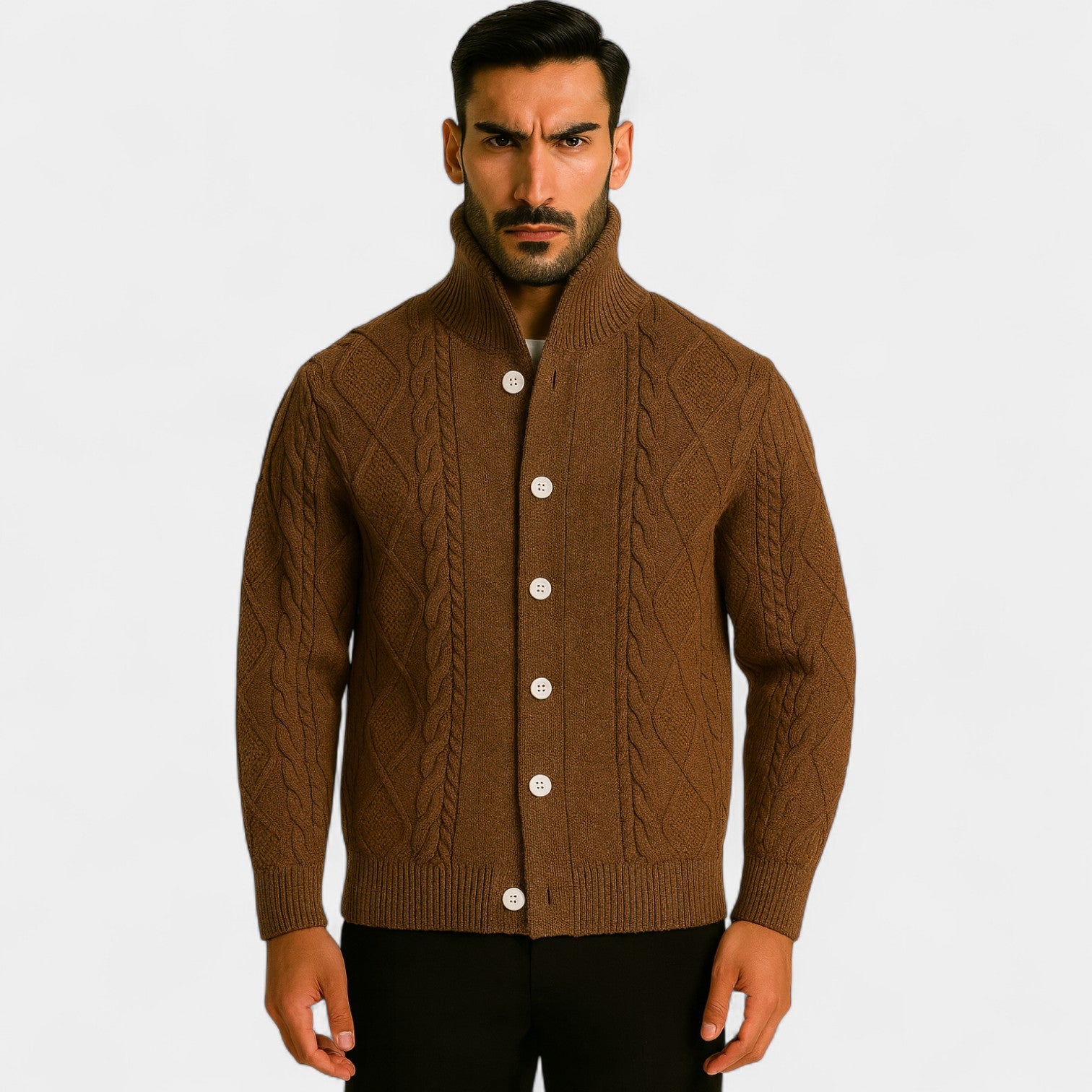 Riche | Cardigan rétro homme en maille – carreaux prismatiques à revers