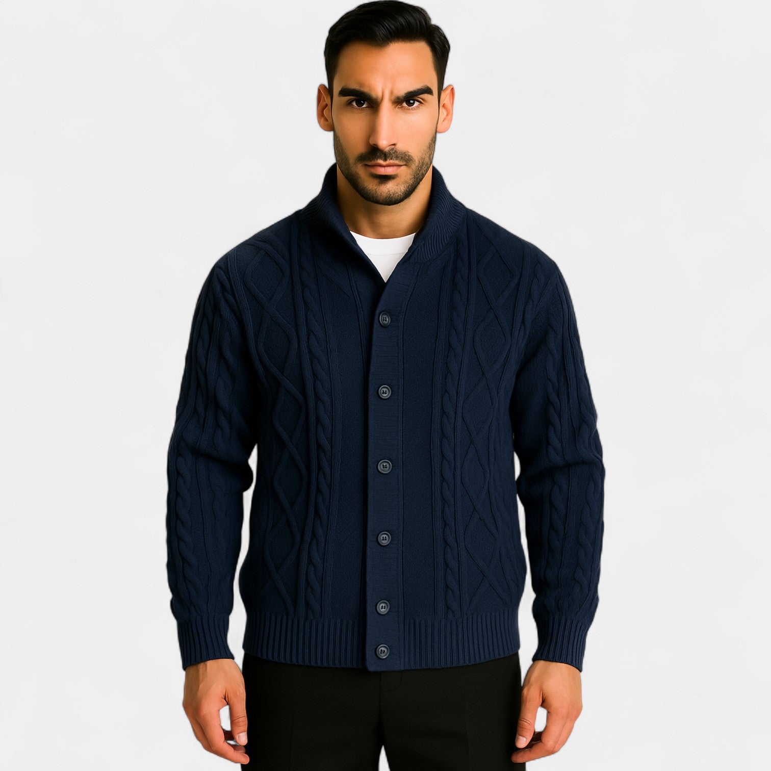 Riche | Cardigan rétro homme en maille – carreaux prismatiques à revers