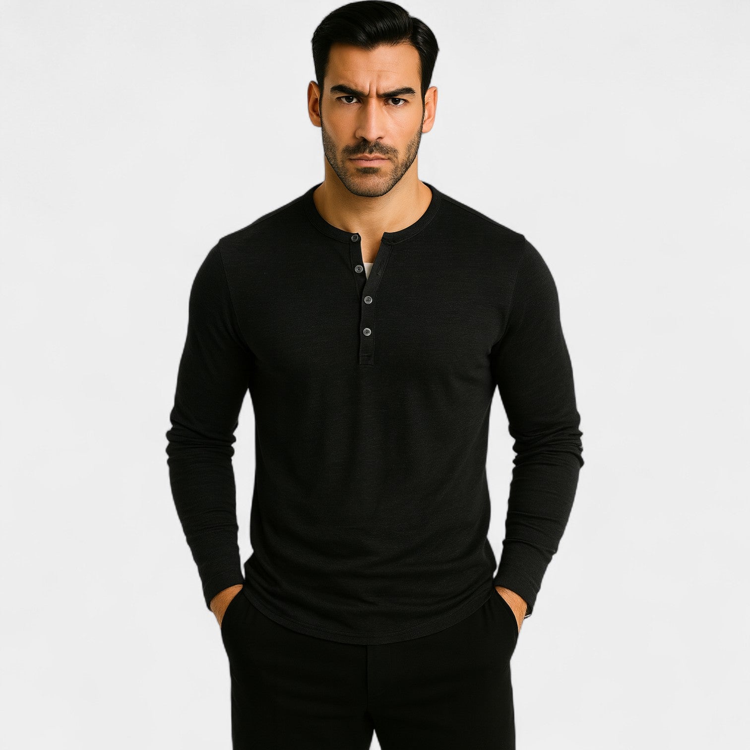 Riche | T-shirt homme manches longues à boutons – mélange technique casual raffiné