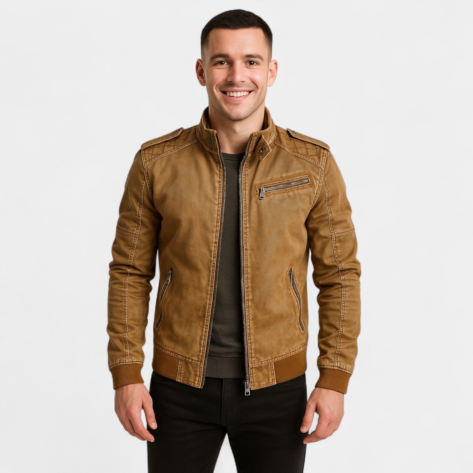 Riche | Veste homme en cuir col montant – finition mate, raffinée, silhouette quotidienne