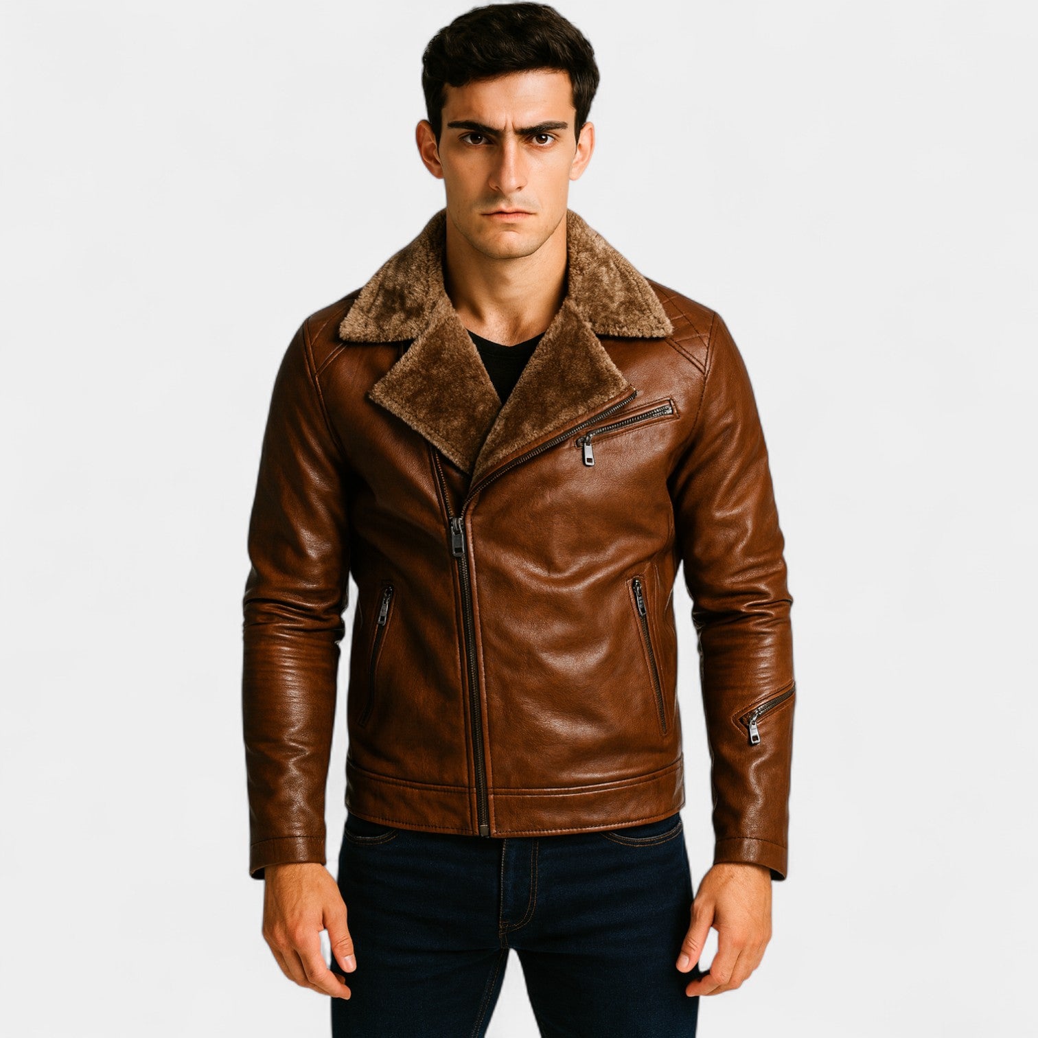 Riche | Veste en cuir homme vintage doublée polaire – zip oblique, chaleur hivernale