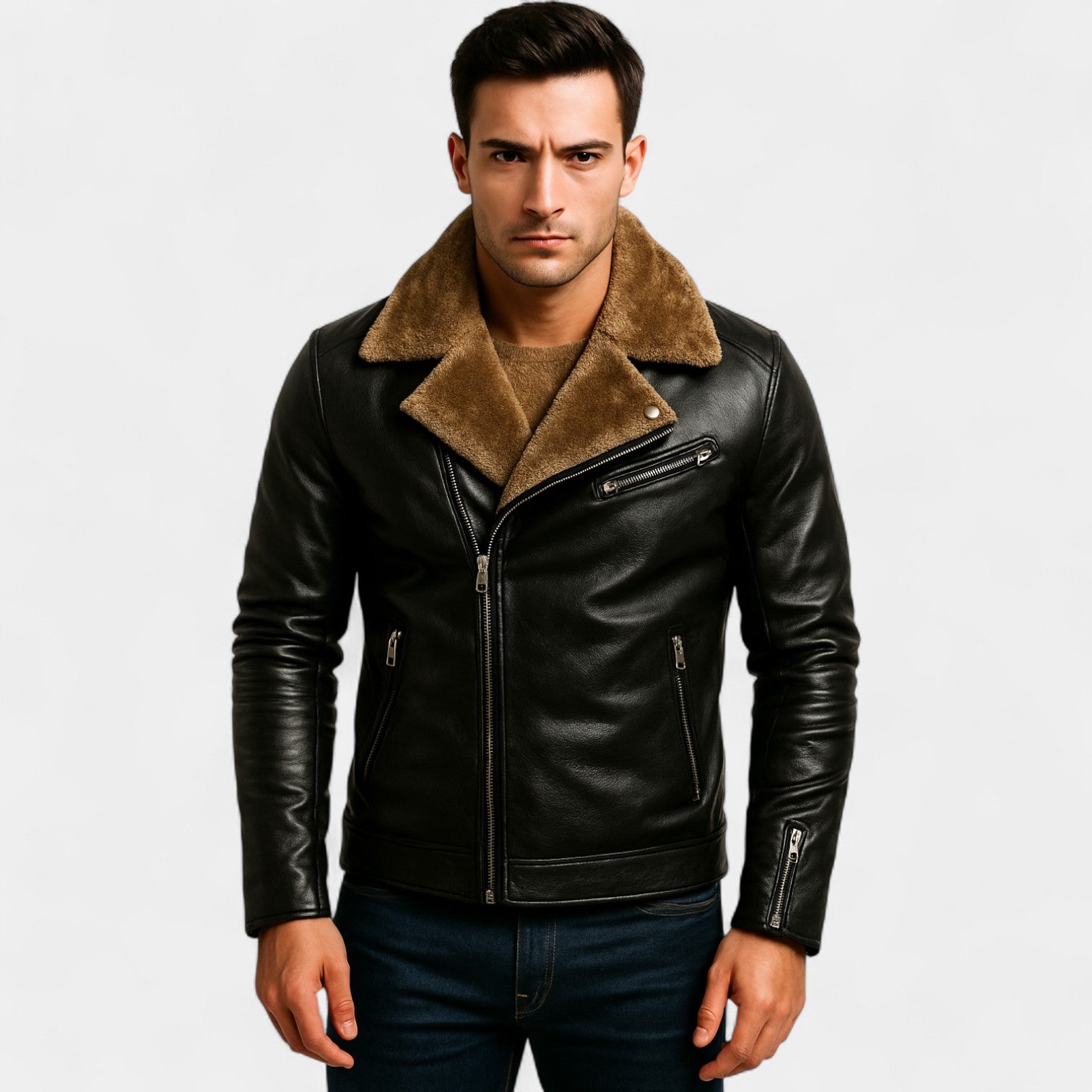 Riche | Veste en cuir homme vintage doublée polaire – zip oblique, chaleur hivernale