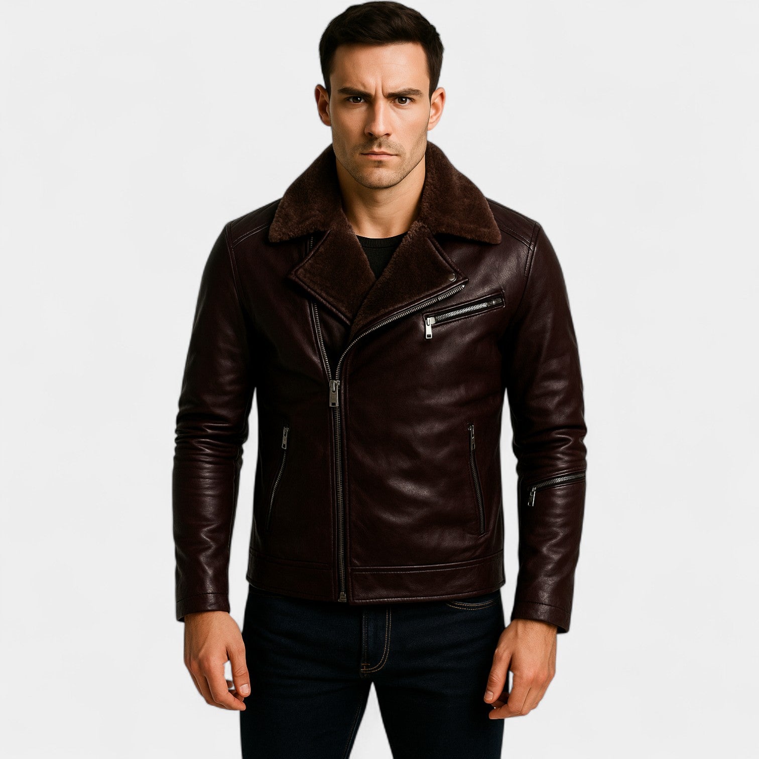 Riche | Veste en cuir homme vintage doublée polaire – zip oblique, chaleur hivernale