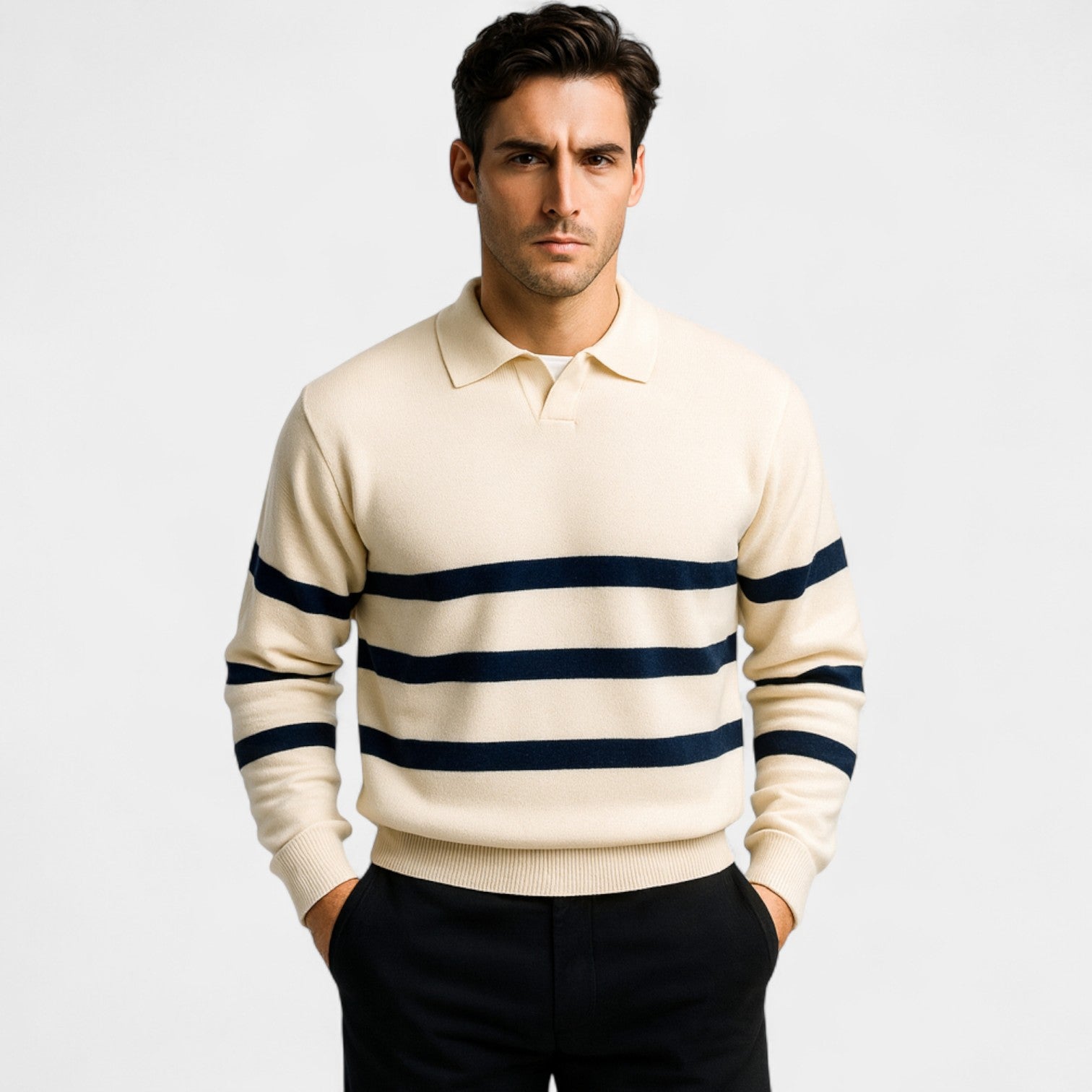 Riche | Polo homme en fibre technique – Manches longues rayé