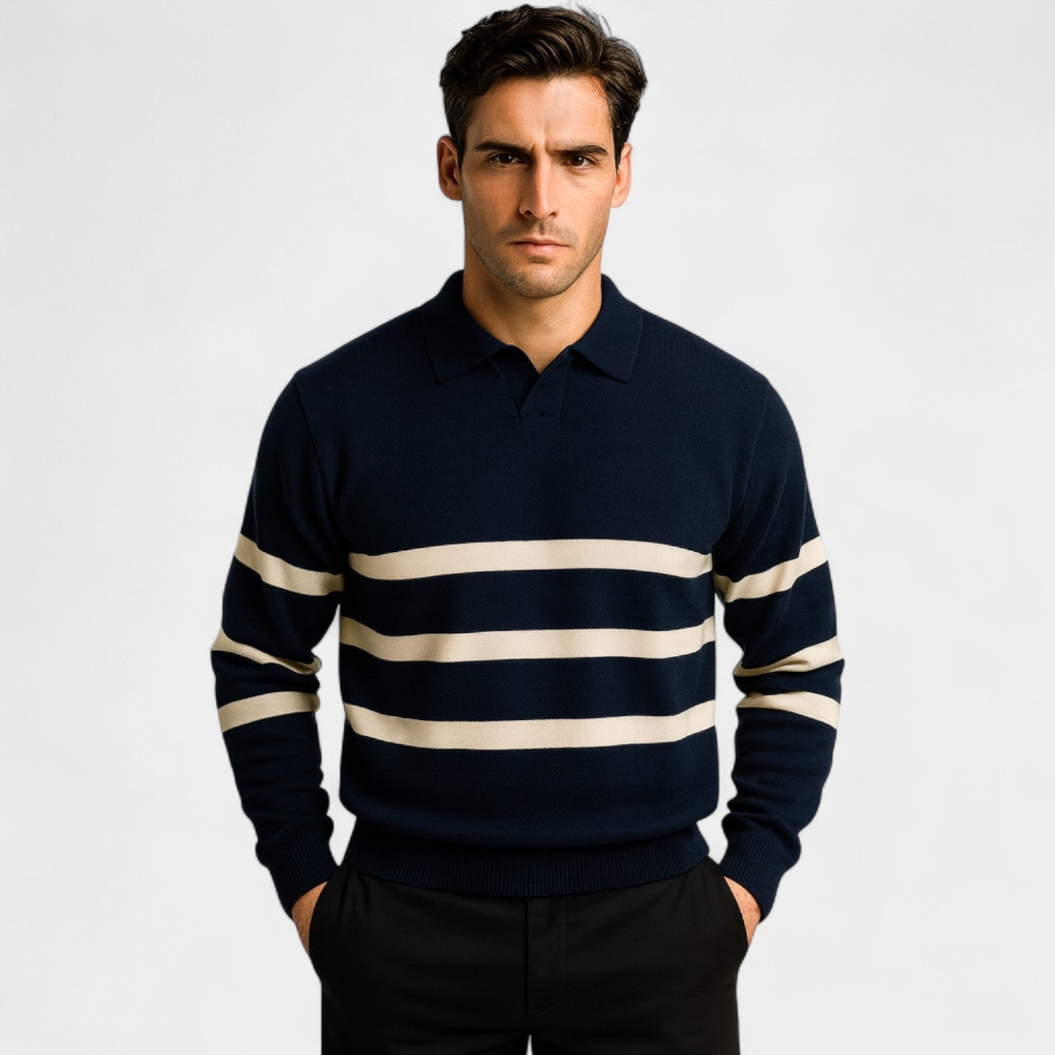 Riche | Polo homme en fibre technique – Manches longues rayé