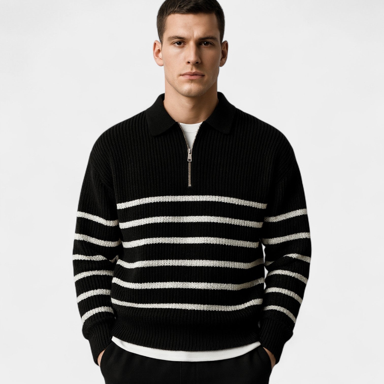 Riche | Pull zippé quart homme – Coupe moderne à rayures