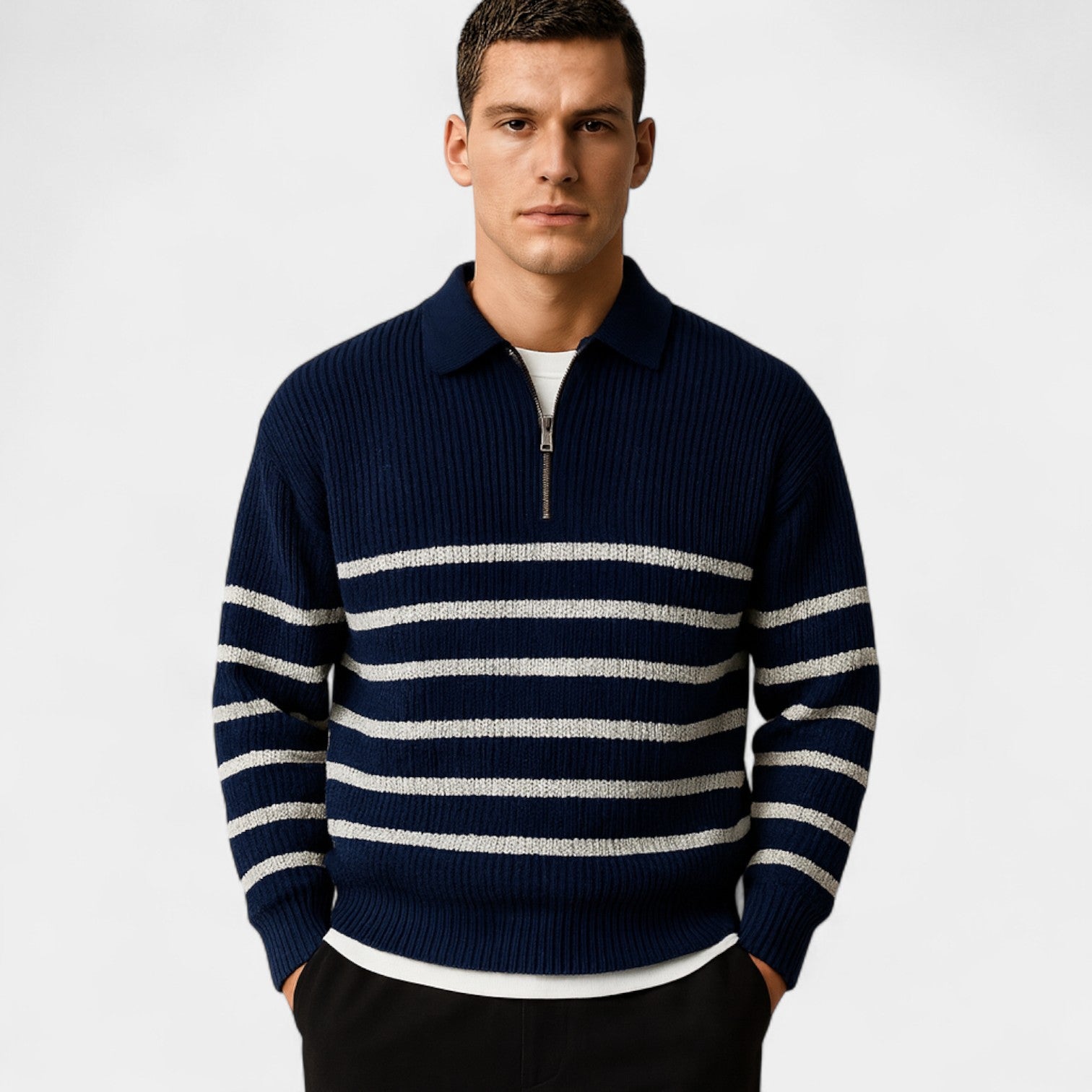 Riche | Pull zippé quart homme – Coupe moderne à rayures
