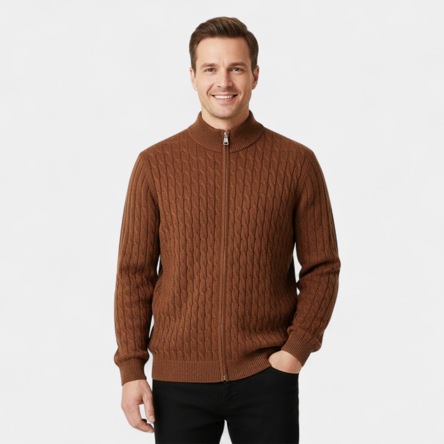 Riche | Cardigan Homme en Laine à Torsades – Jacquard Col Semi-Montant