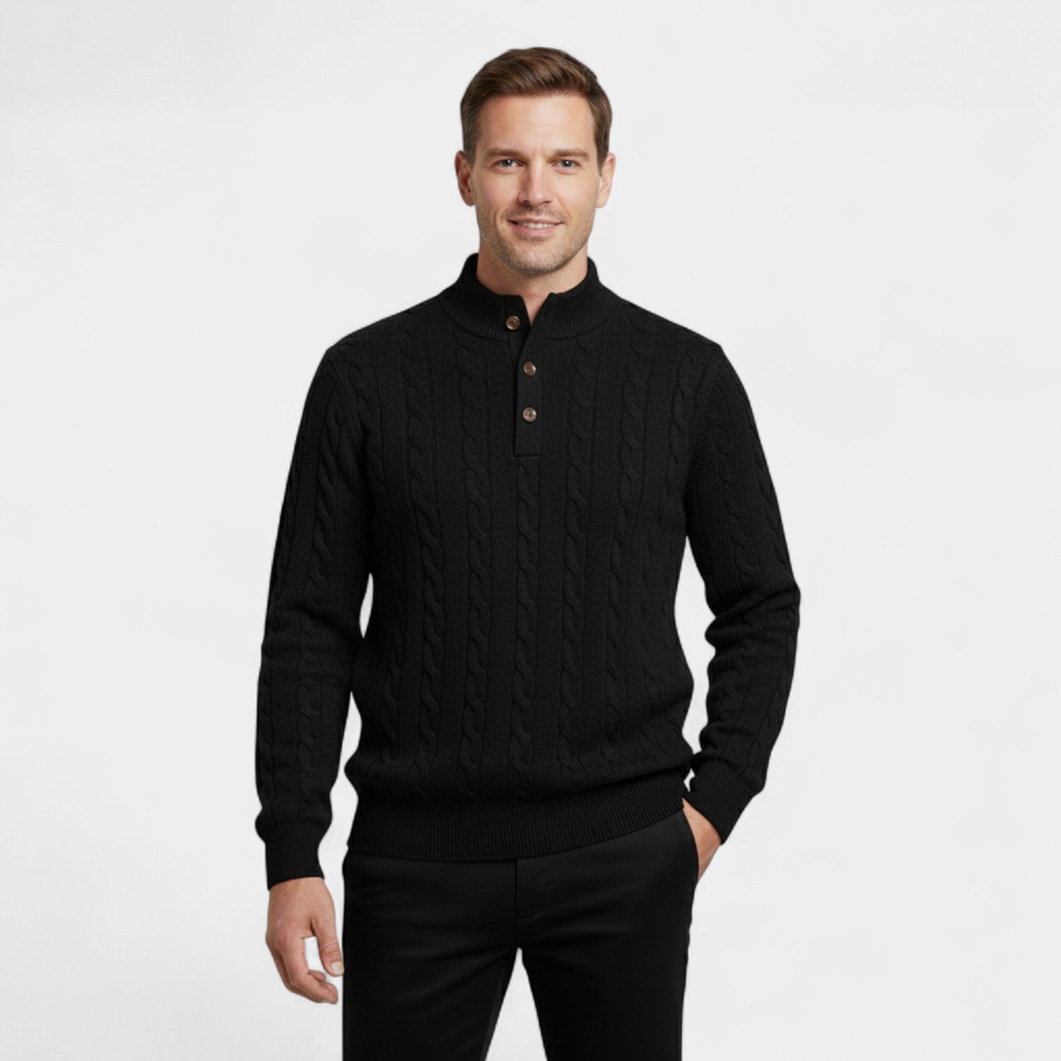 Riche | Pull en Laine Homme à Torsades – Col Demi-Montant Boutonné