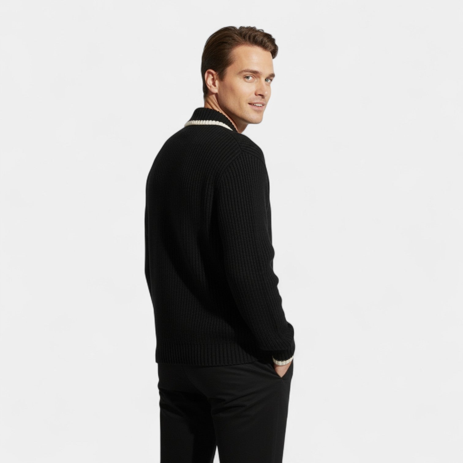 Riche | Cardigan Contrasté Homme en Maille – Col Montant Coupe Moderne