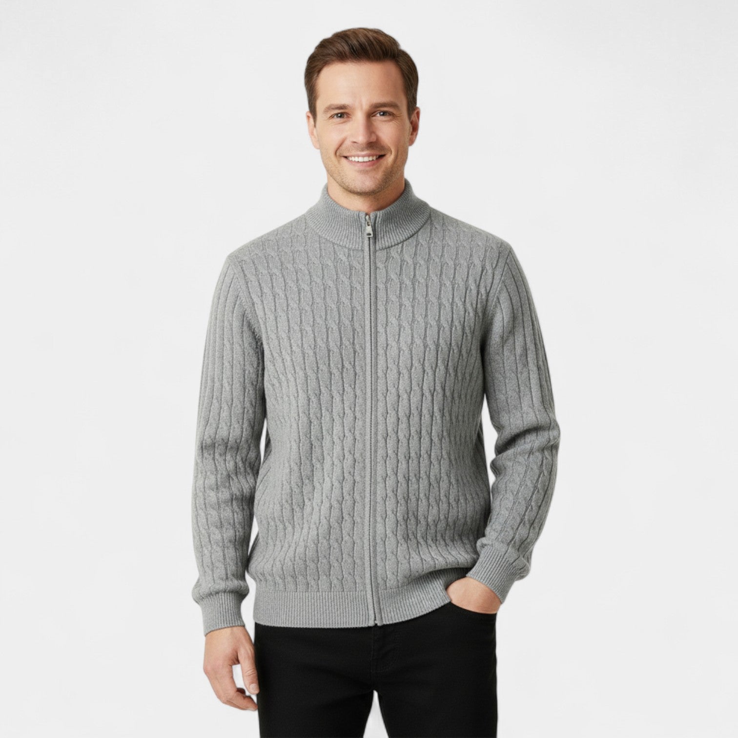 Riche | Cardigan Homme en Laine à Torsades – Jacquard Col Semi-Montant