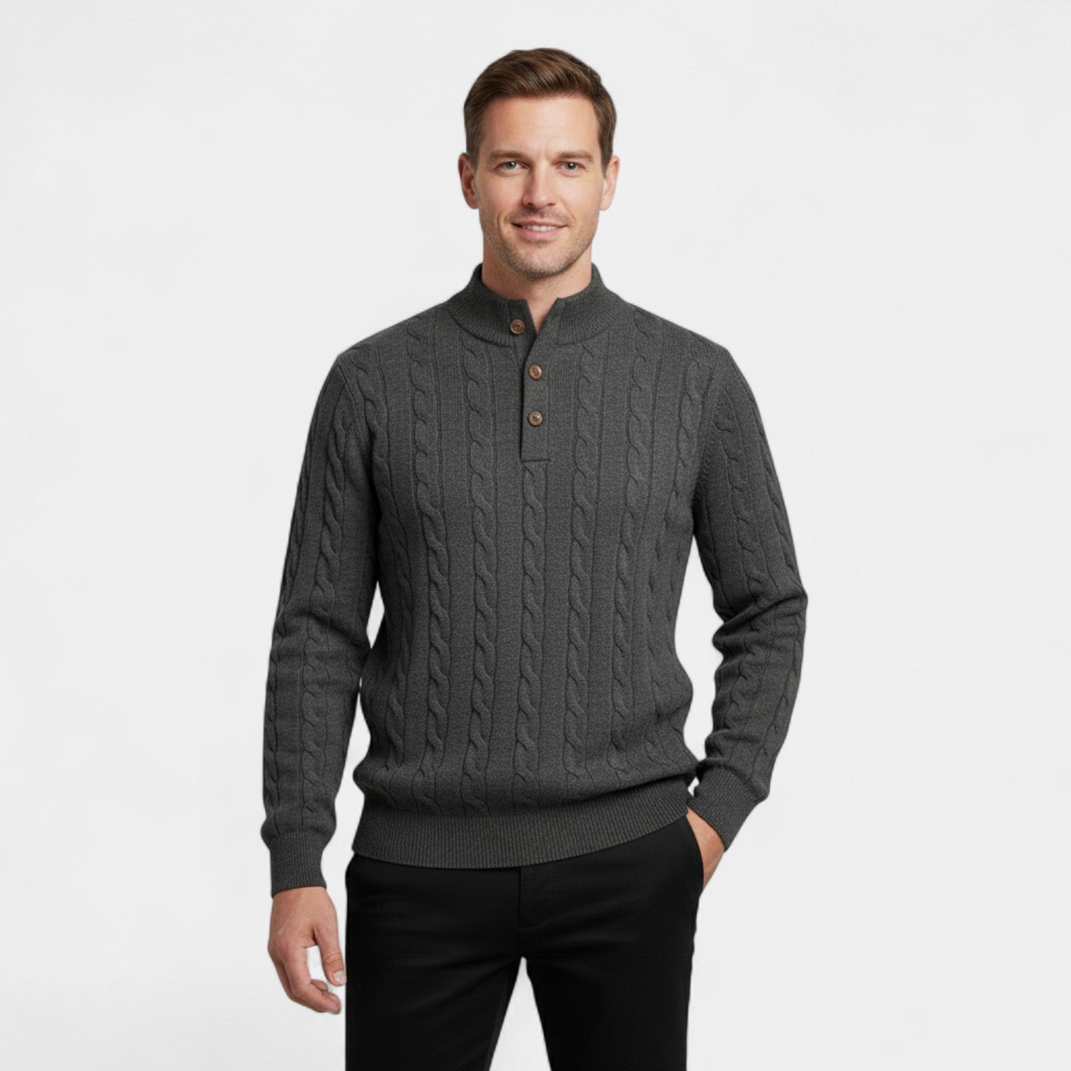 Riche | Pull en Laine Homme à Torsades – Col Demi-Montant Boutonné