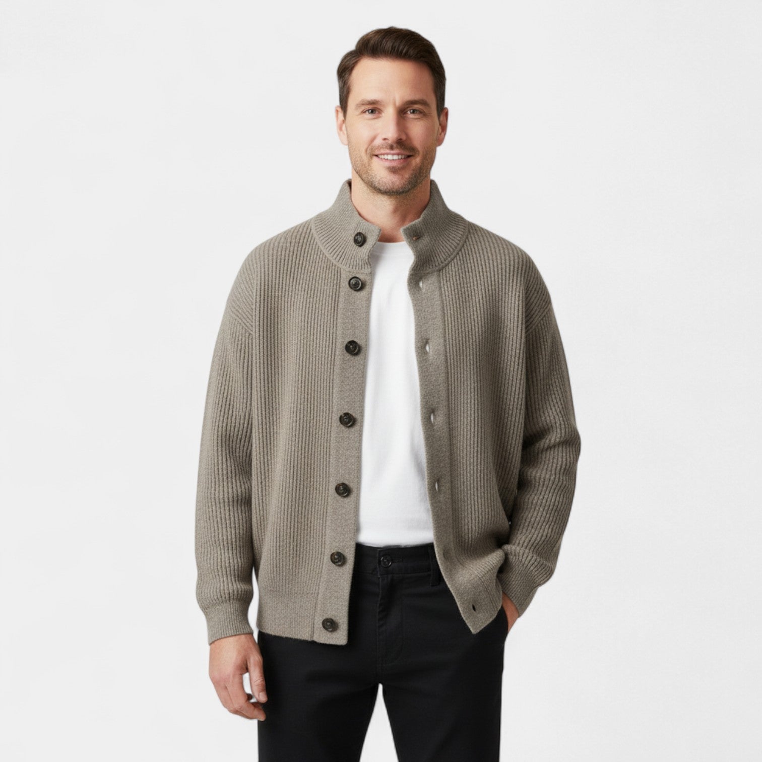 Riche | Cardigan Homme en Laine Col Montant – Coupe Moderne Décontractée
