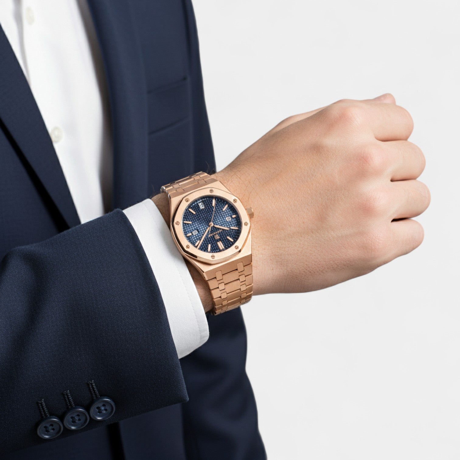 Riche | Montre pour Homme Acier Inoxydable Or Rose – Quartz Lumineuse et Étanche 42 mm