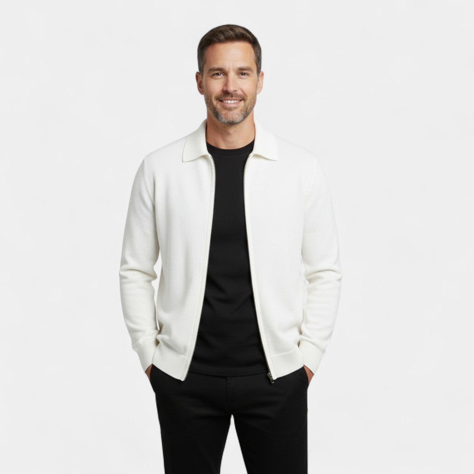Riche | Cardigan homme laine mérinos – Tricot col revers zippé coupe raffinée