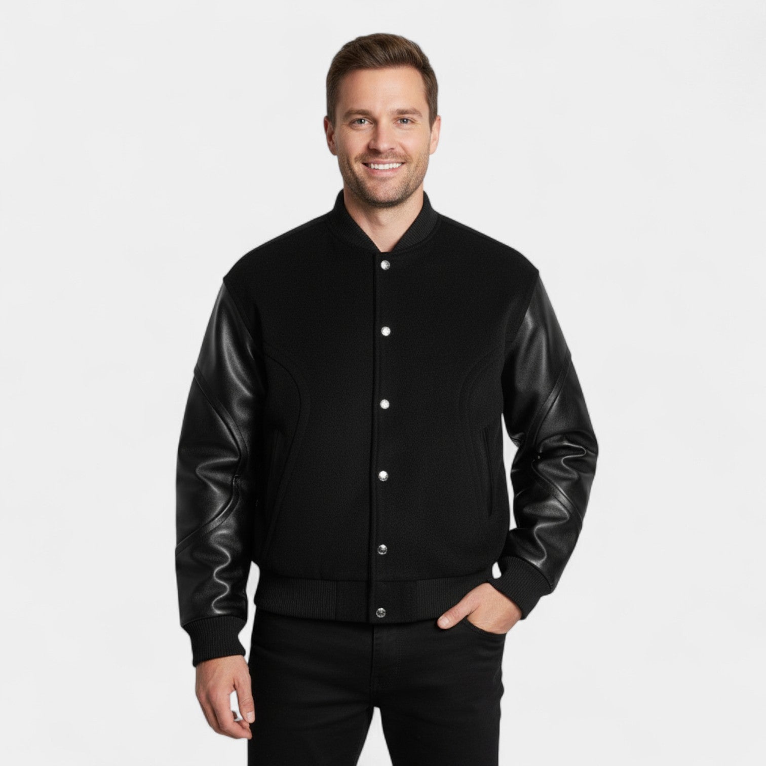 Riche | Blouson Bomber Homme Laine & Cuir – Élégance Raffinée