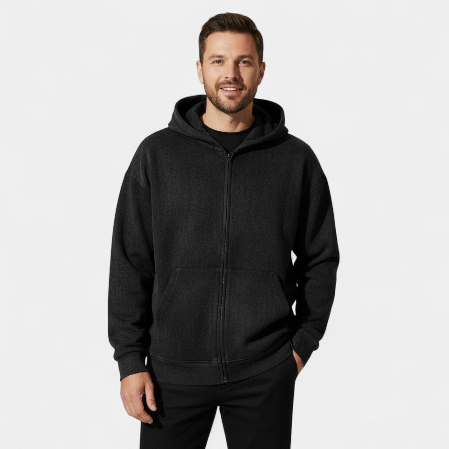 Riche | Cardigan Homme en Coton Effet Daim Lavé – Capuche et Zip