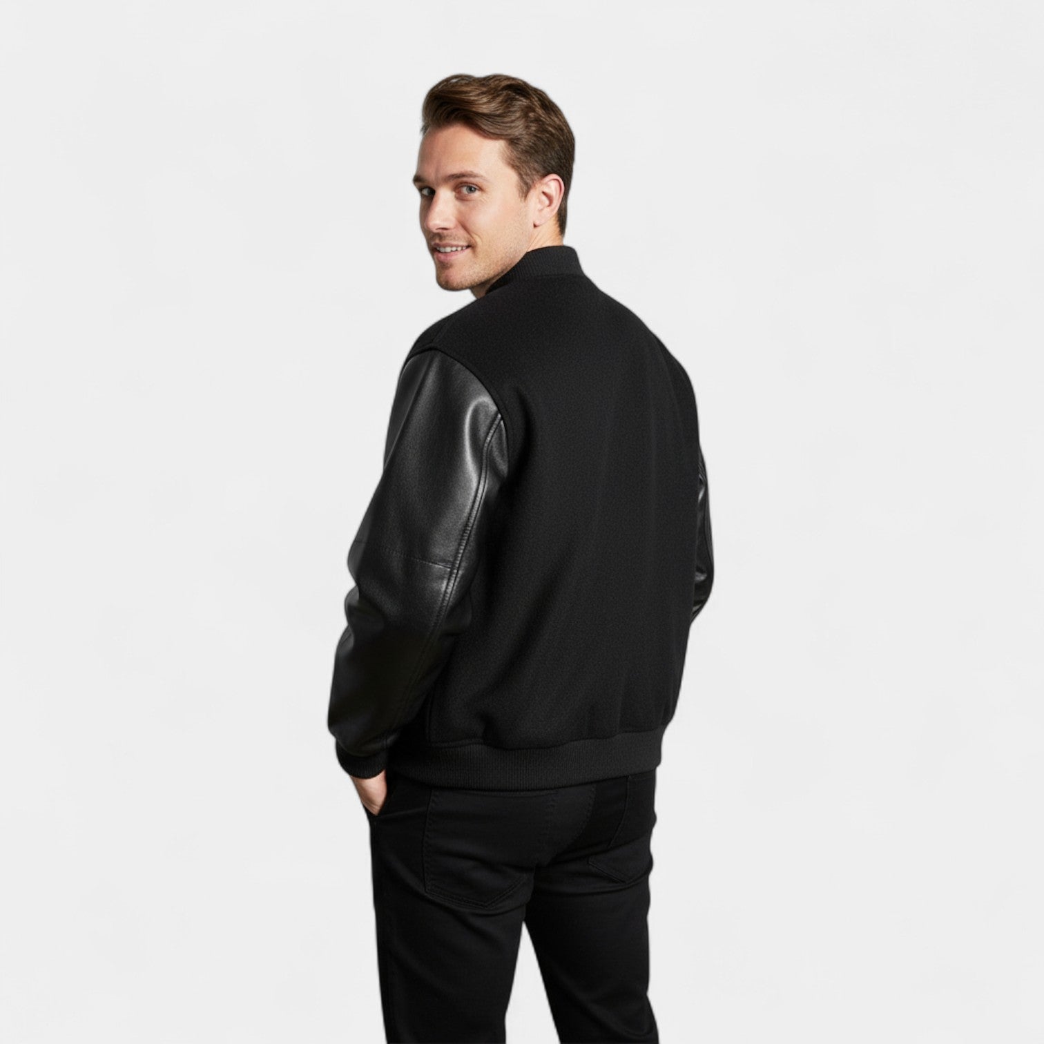 Riche | Blouson Bomber Homme Laine & Cuir – Élégance Raffinée
