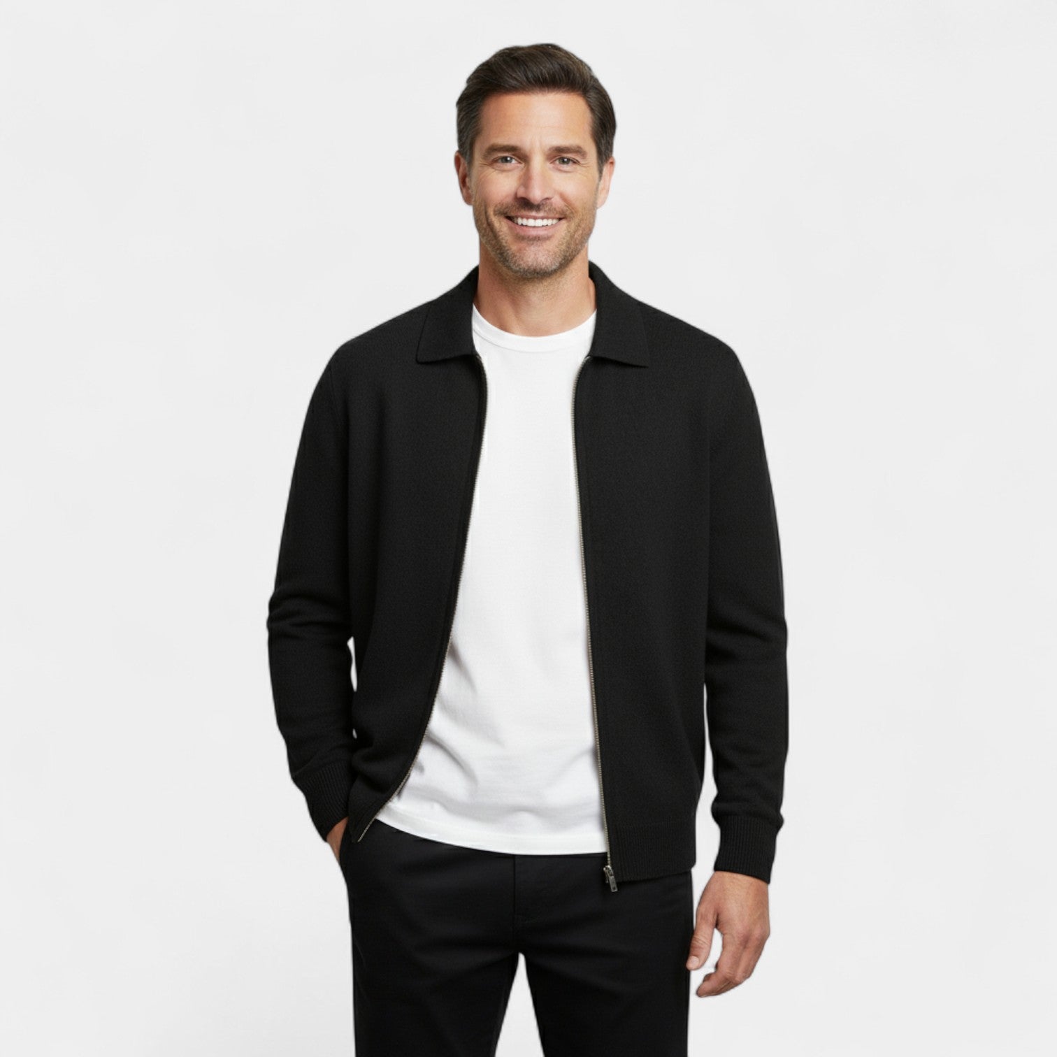 Riche | Cardigan homme laine mérinos – Tricot col revers zippé coupe raffinée