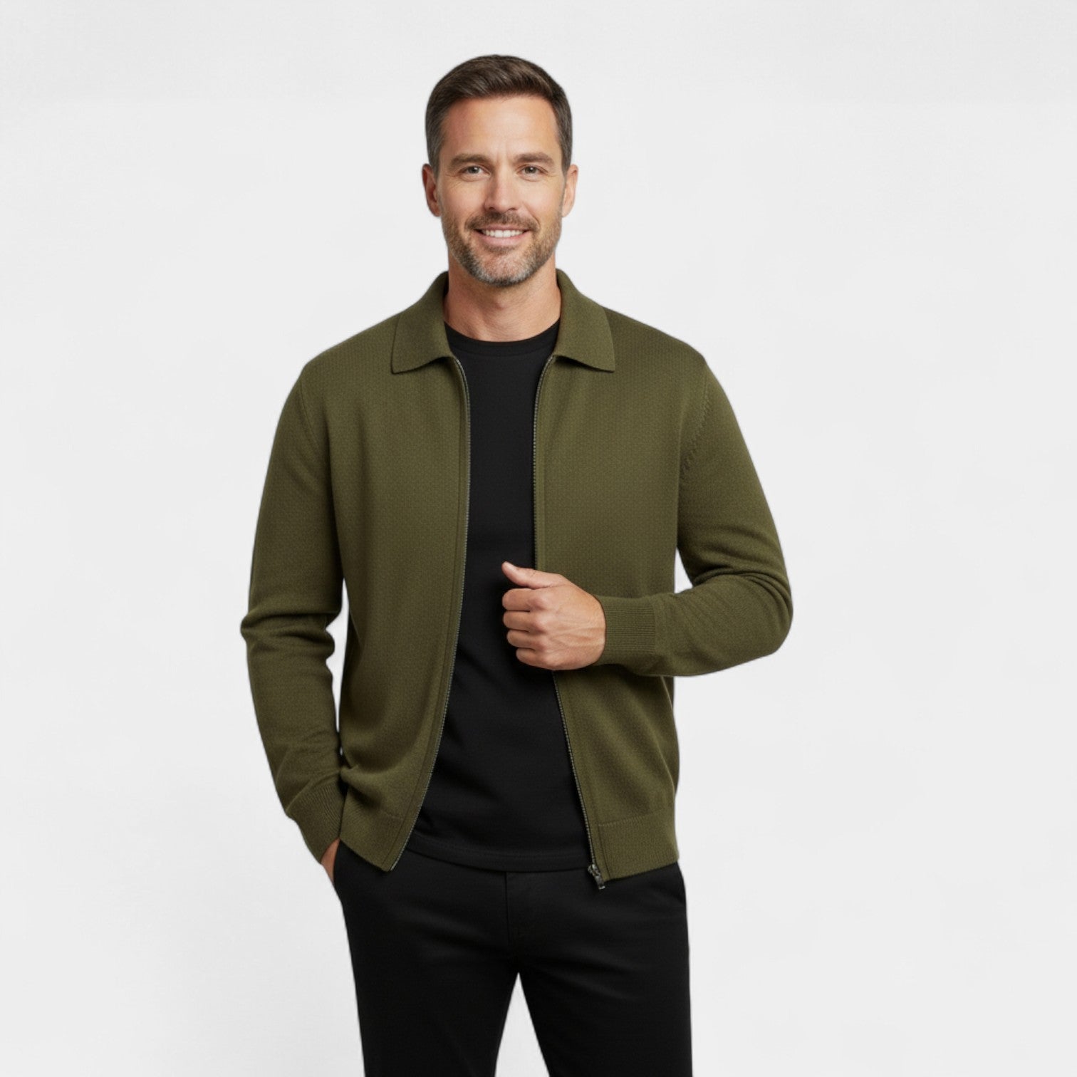 Riche | Cardigan homme laine mérinos – Tricot col revers zippé coupe raffinée