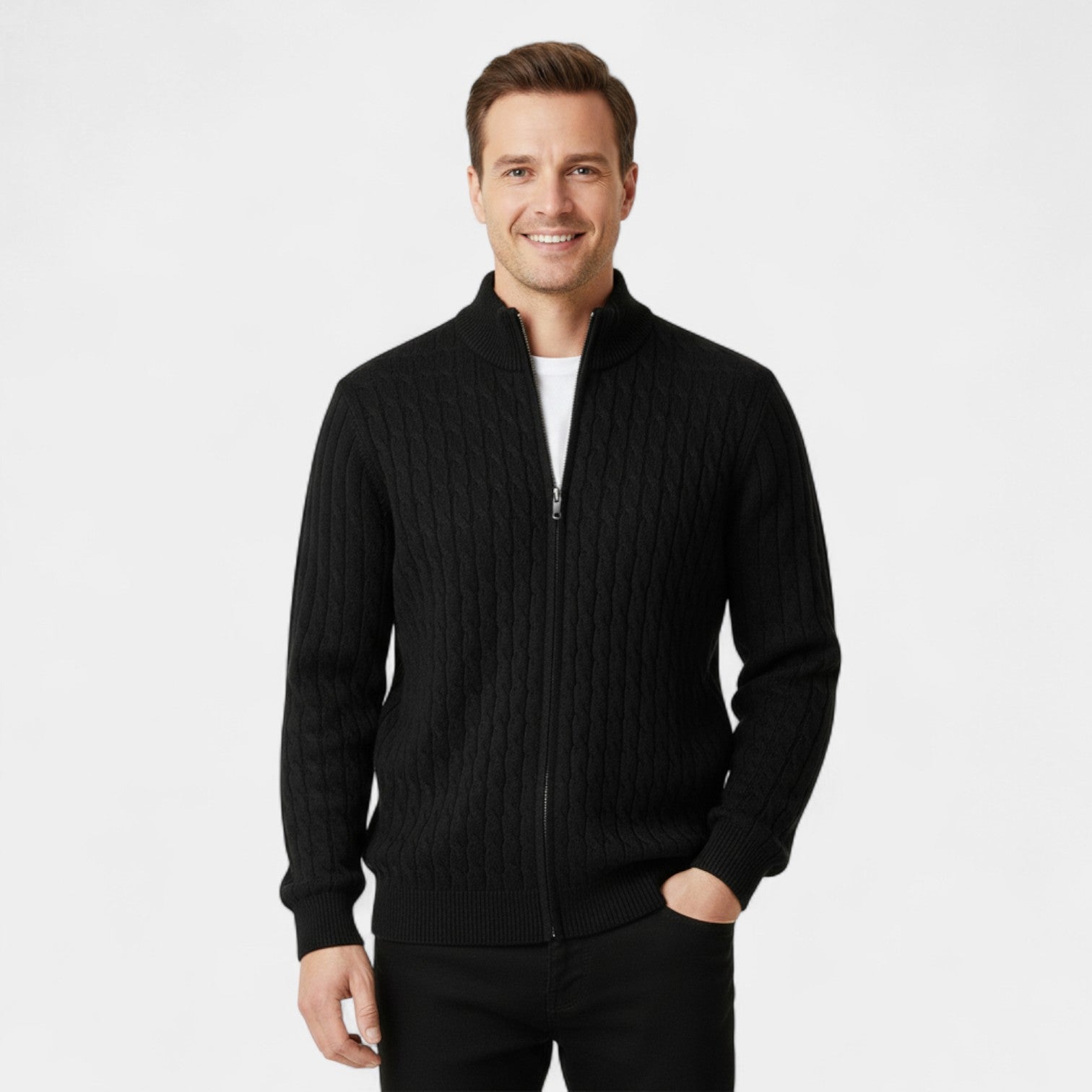 Riche | Cardigan Homme en Laine à Torsades – Jacquard Col Semi-Montant