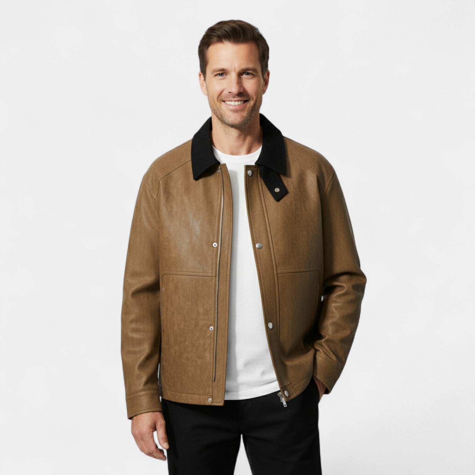 Riche | Manteau homme oversize en cuir PU col polo – élégant, moderne, silhouette raffinée