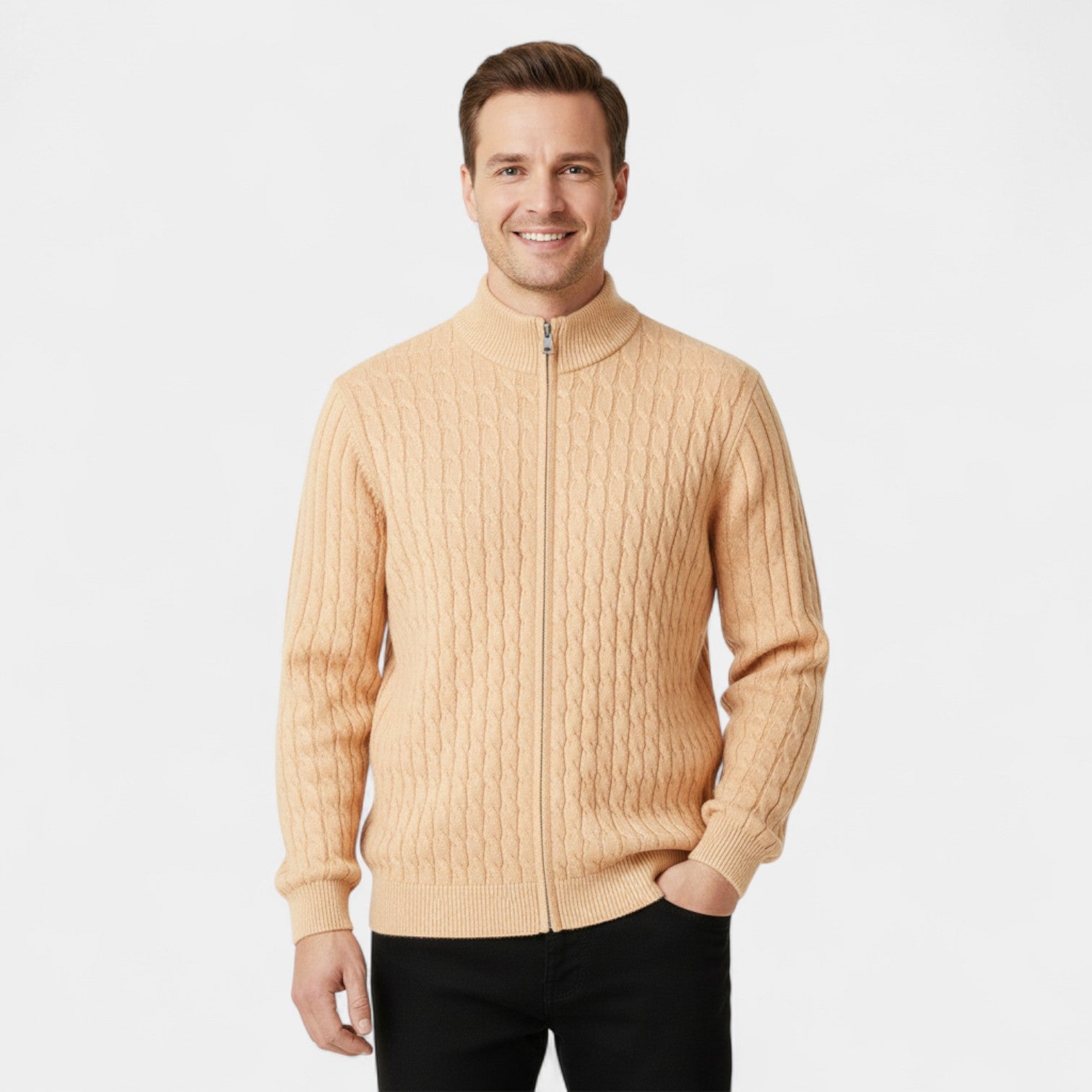 Riche | Cardigan Homme en Laine à Torsades – Jacquard Col Semi-Montant